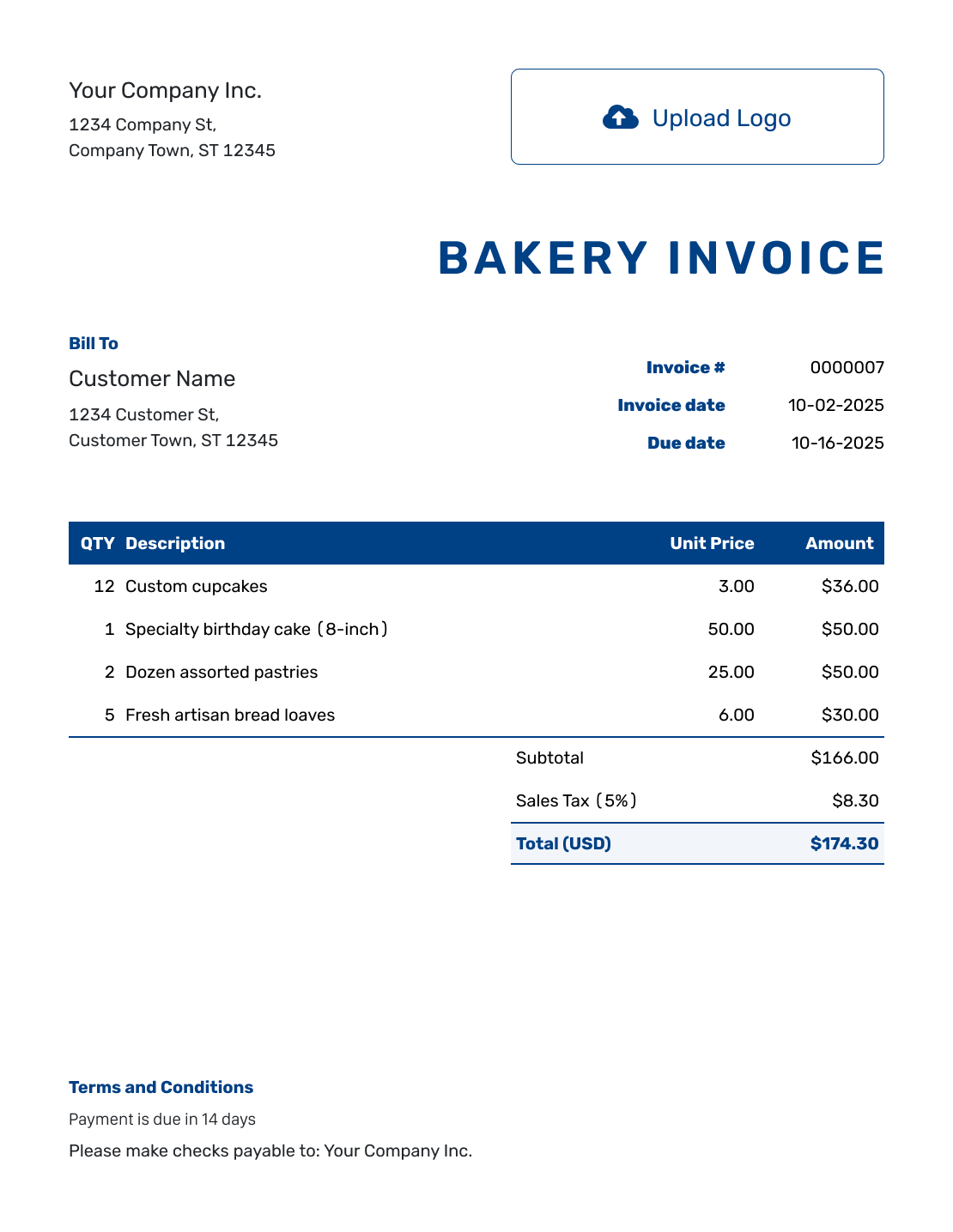 Sample Bakery Invoice Template