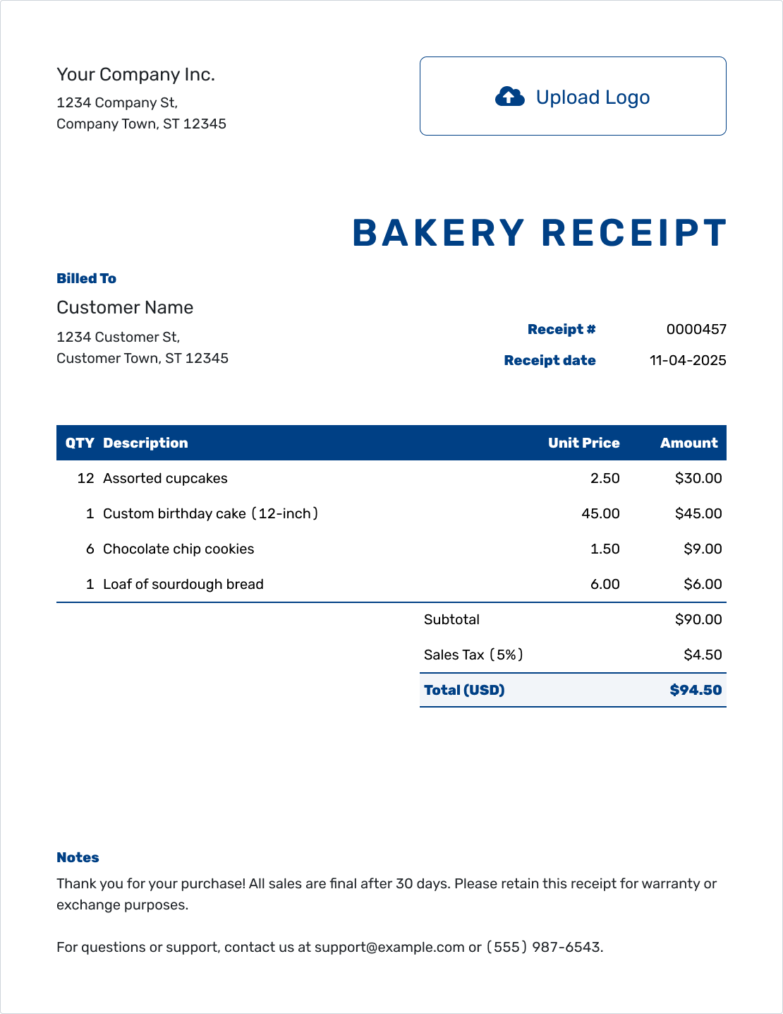 Sample Bakery Receipt Template