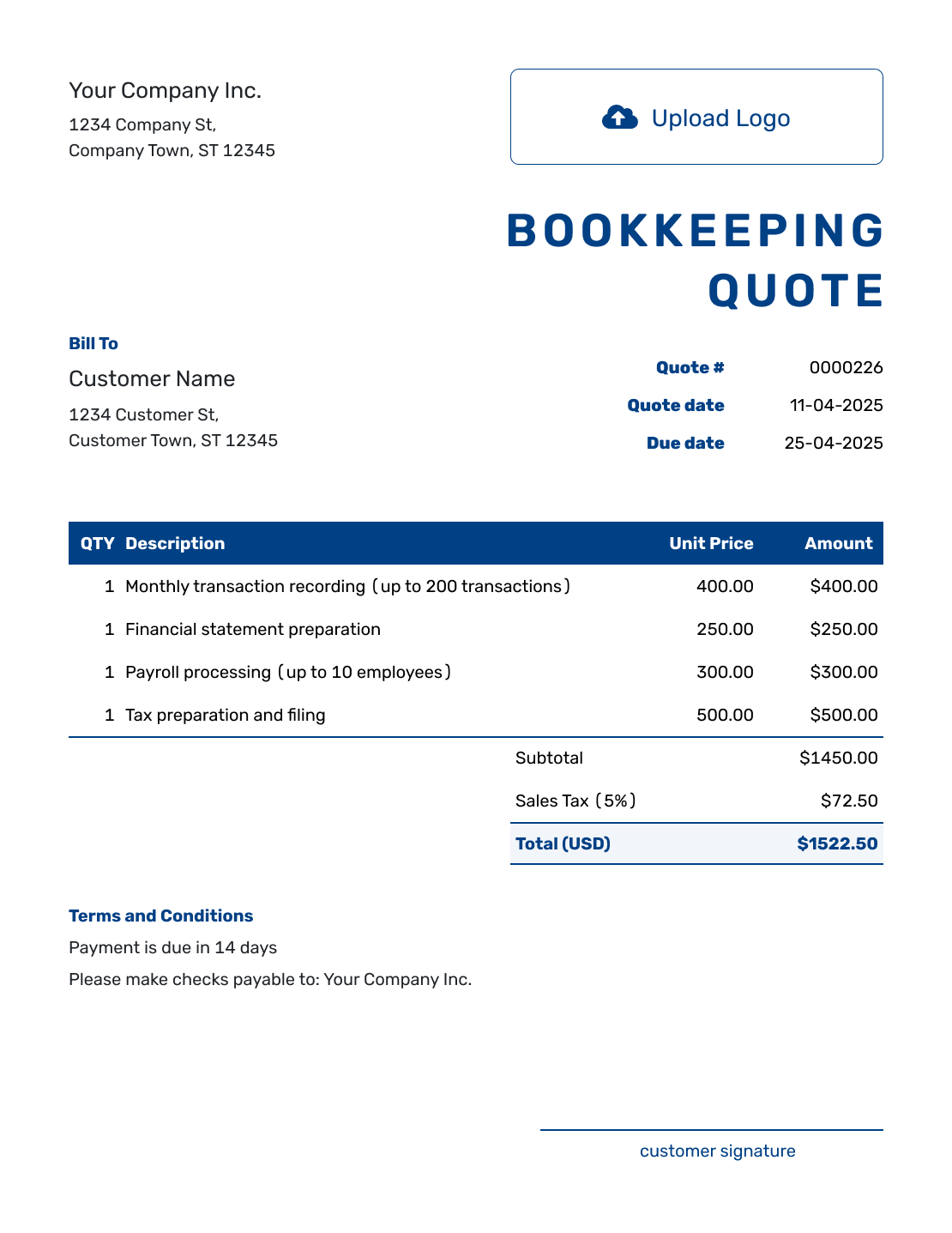 Sample Bookkeeping Quote Template