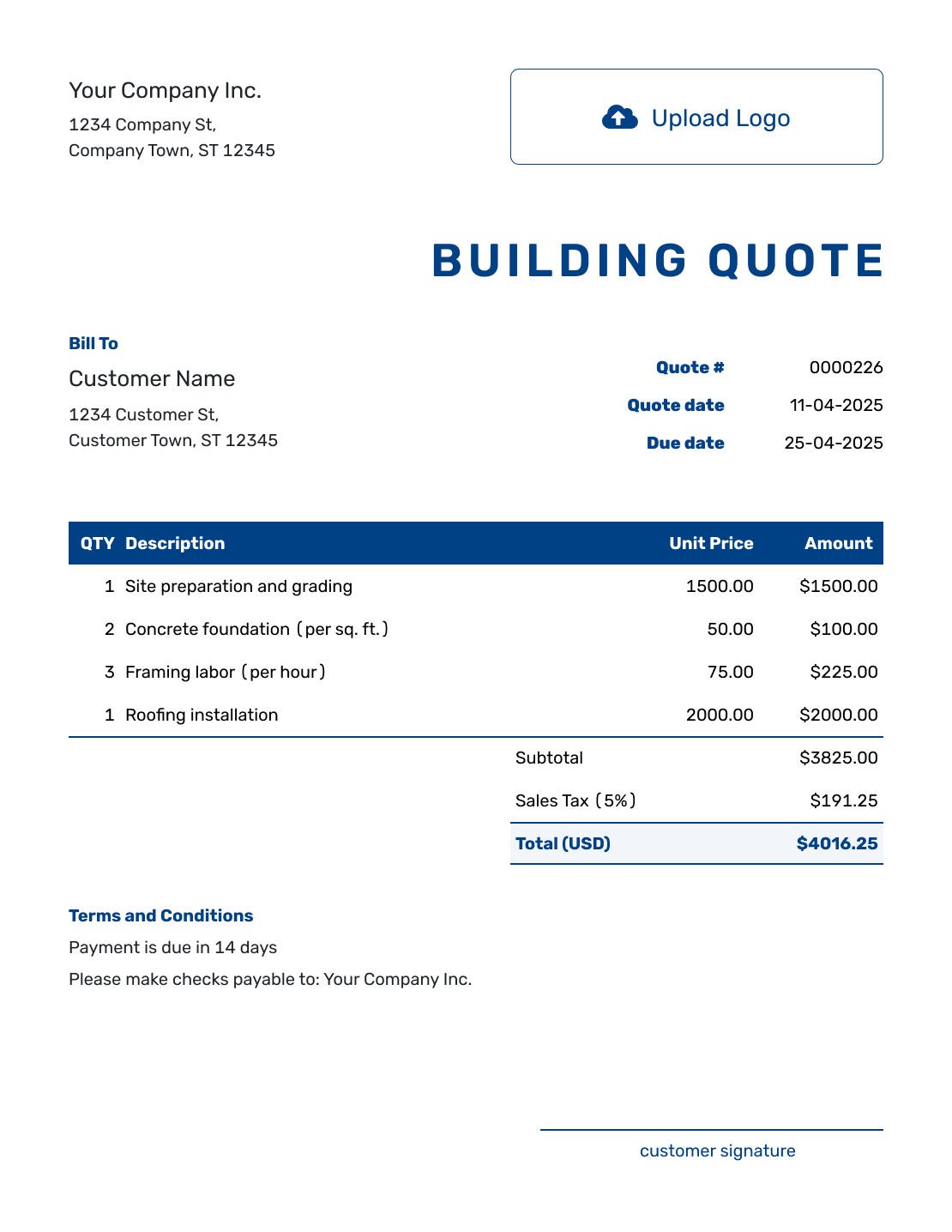 Sample Building Quote Template