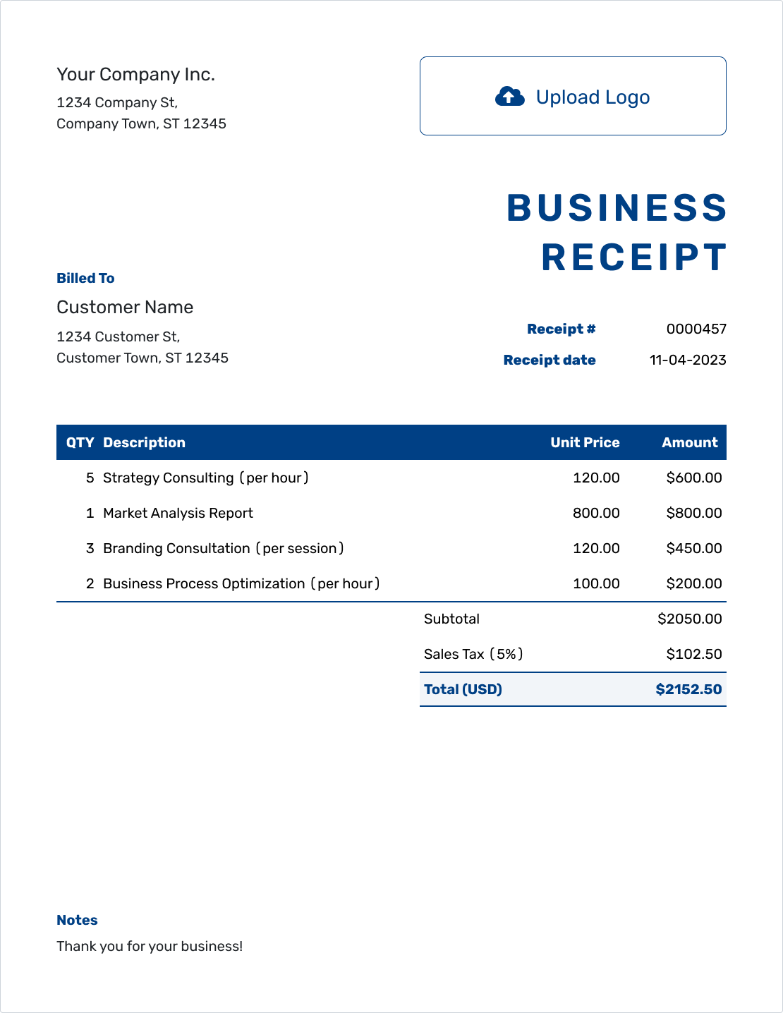 Sample Business Receipt Template