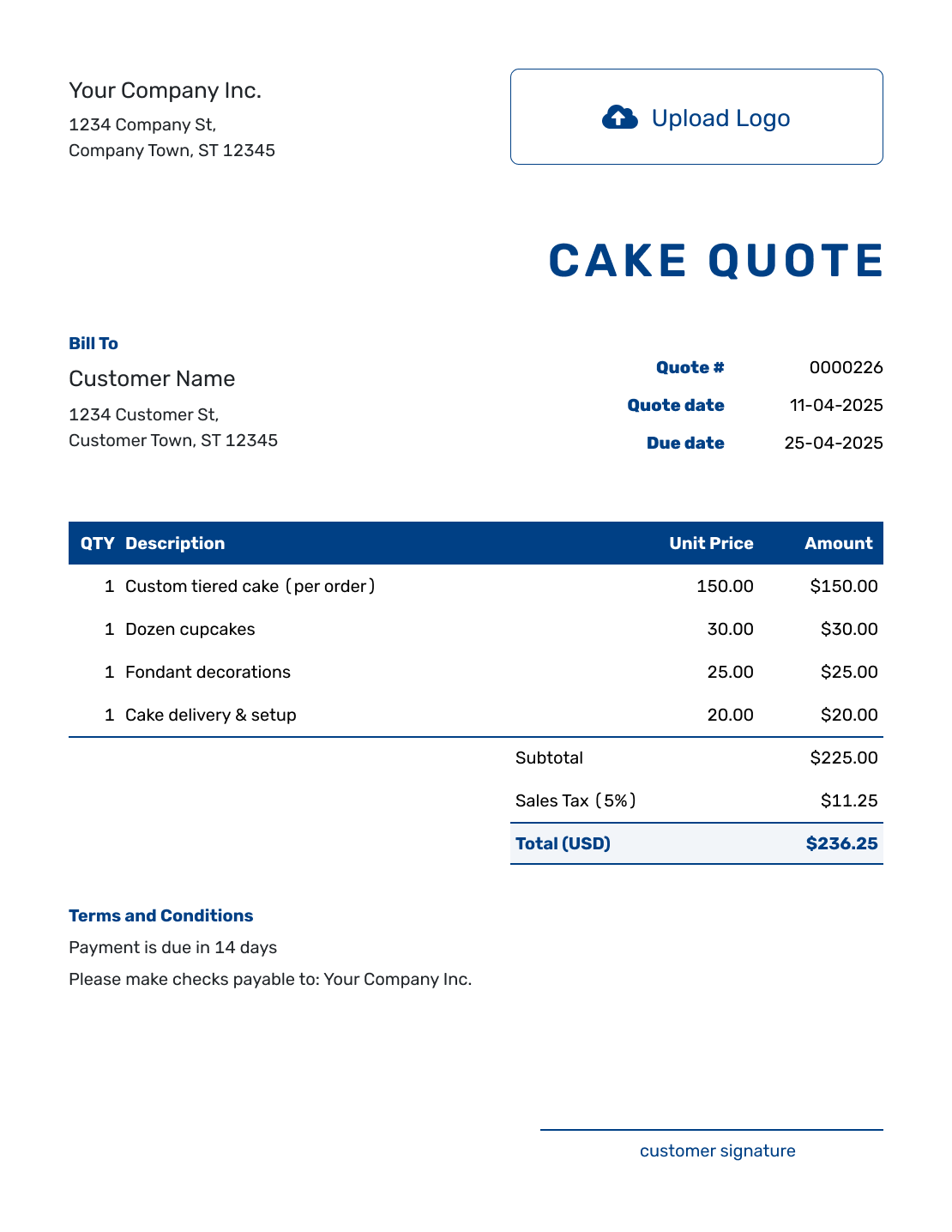 Sample Cake Quote Template