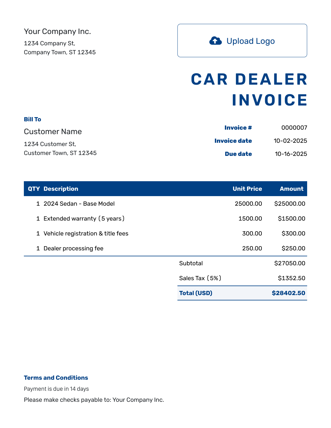 Sample Car Dealer Invoice Template