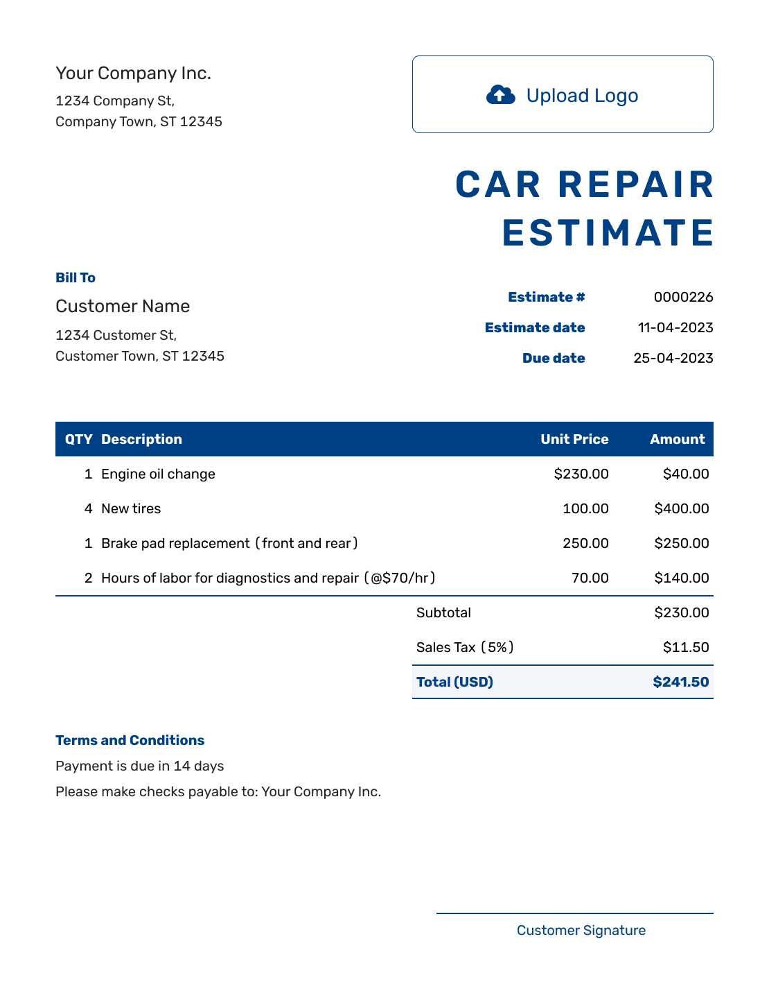 Sample Car Repair Estimate Template