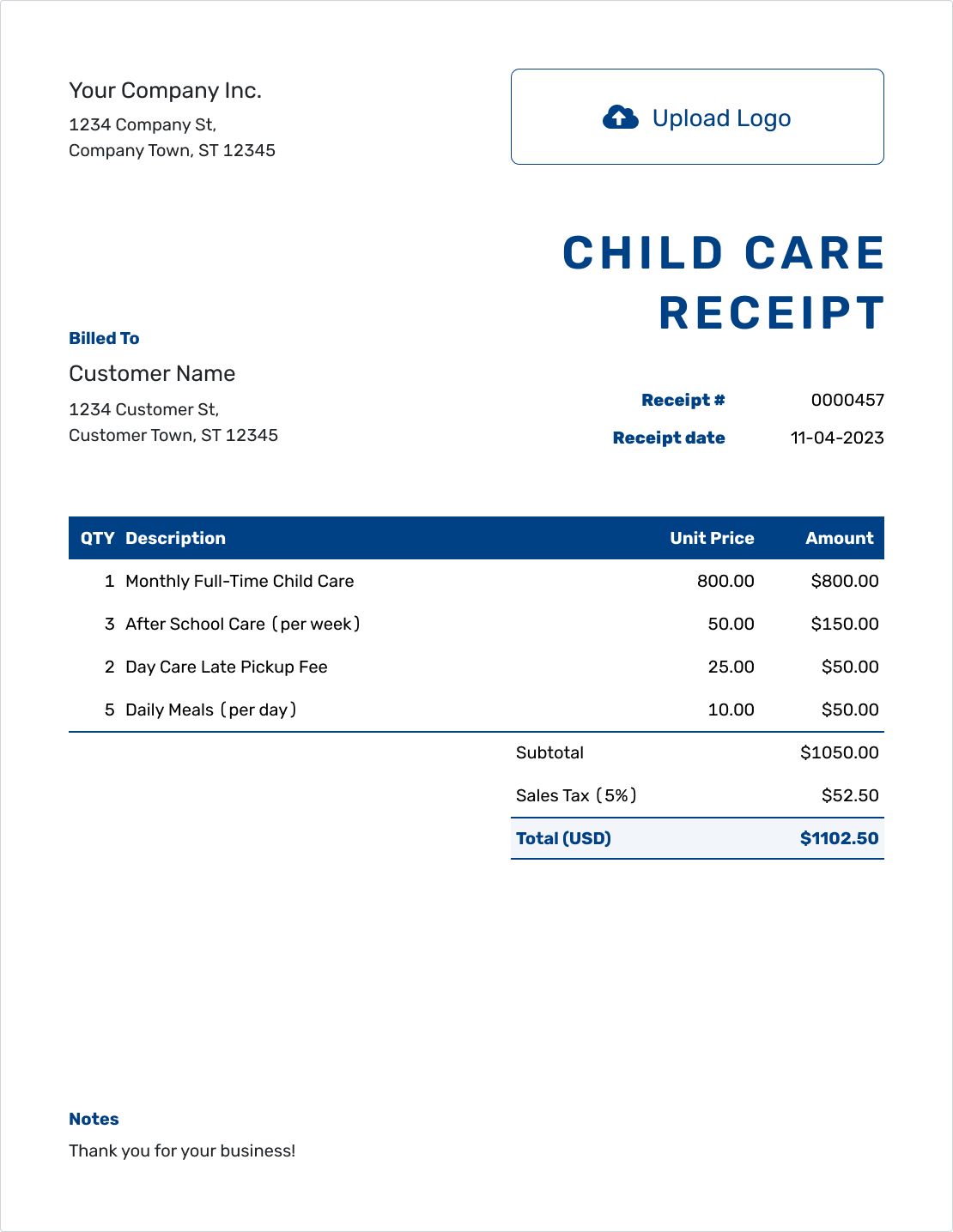 Sample Child Care Receipt Template