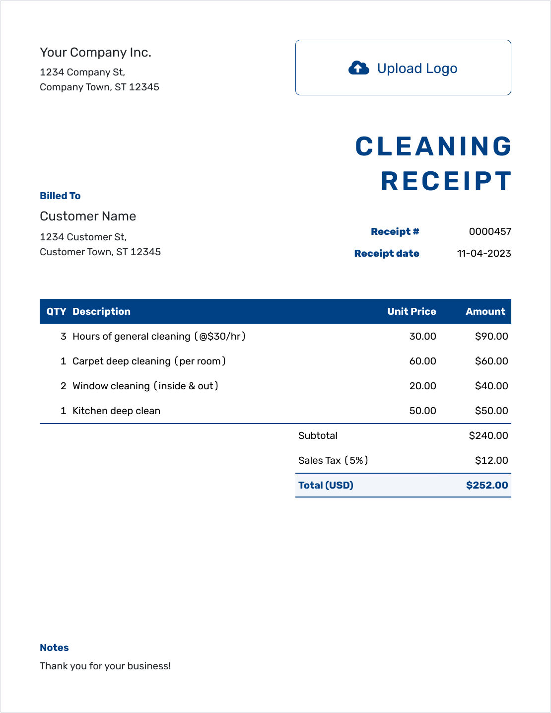 Sample Cleaning Receipt Template