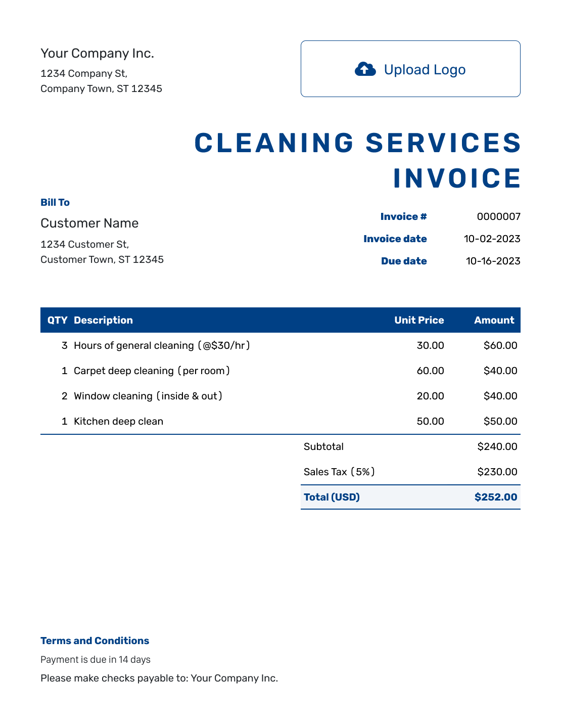 Sample Cleaning Services Invoice Template