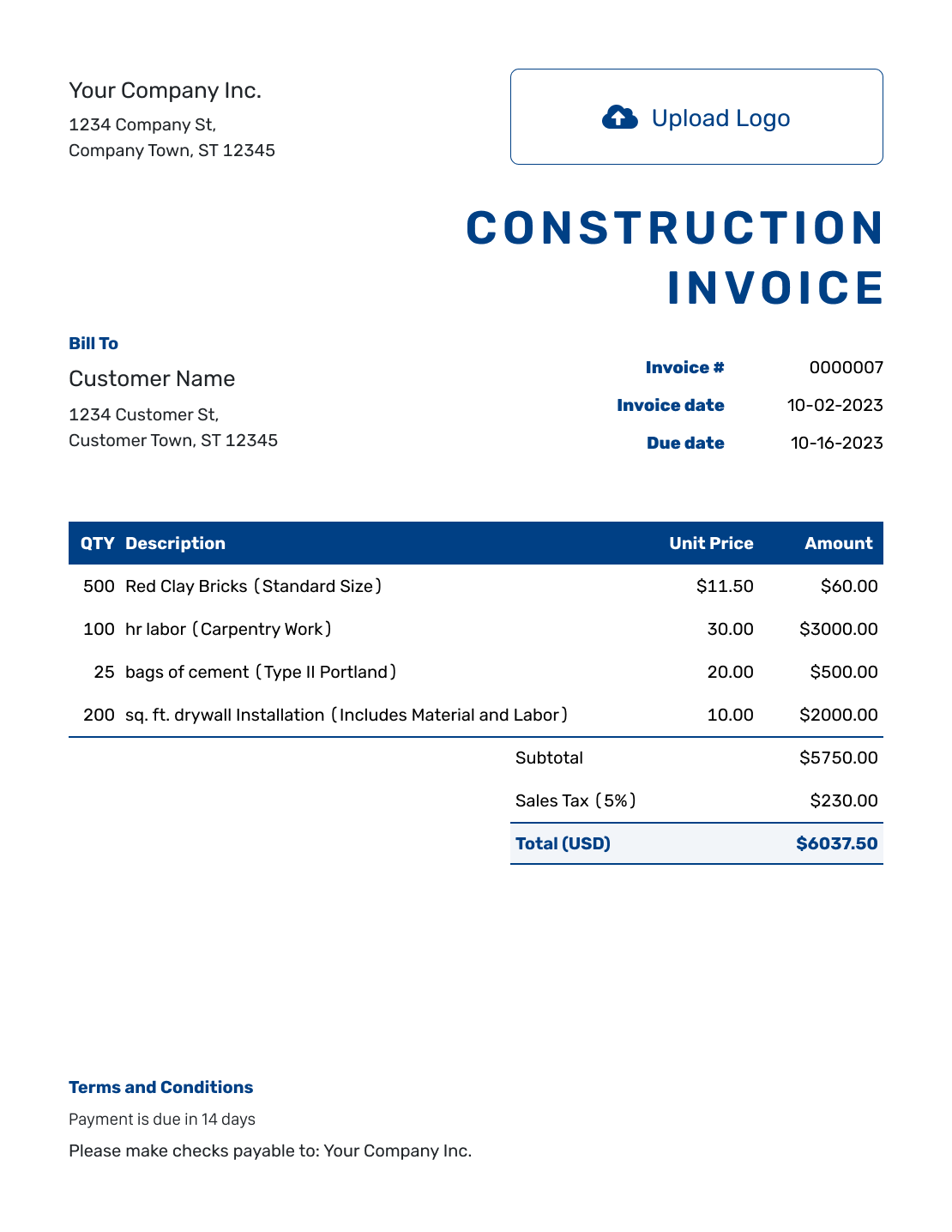 Sample Construction Invoice Template