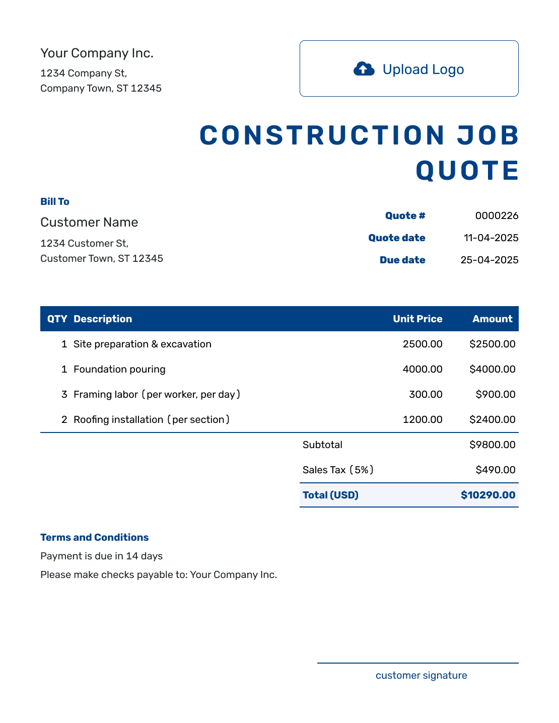 Sample Construction Job Quote Template