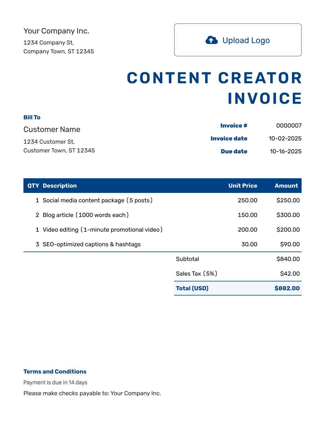 Sample Content Creator Invoice Template