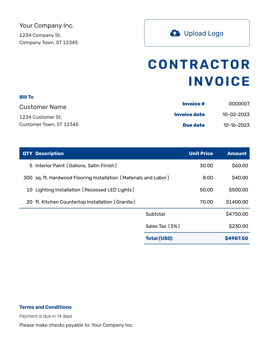Sample Contractor Invoice Template