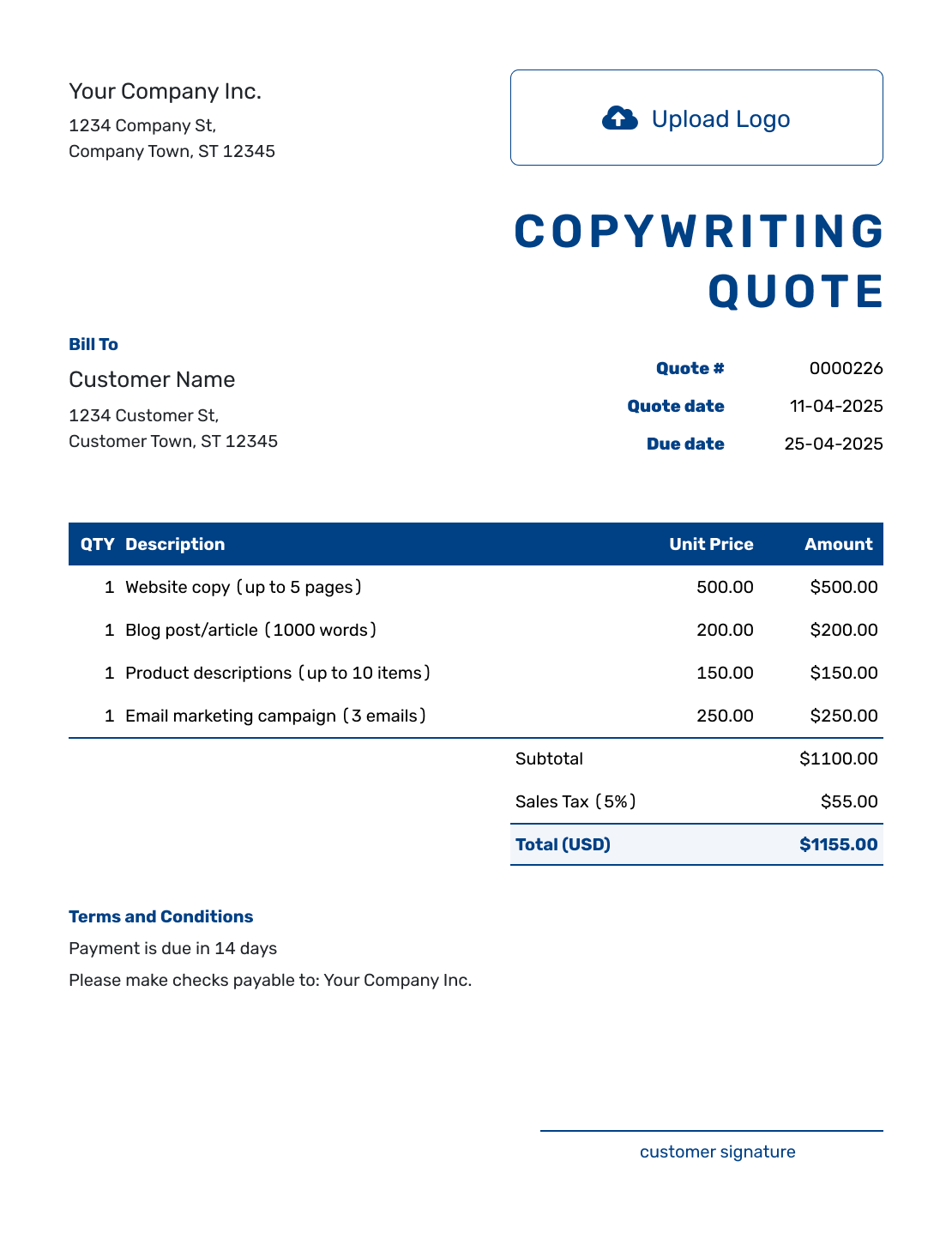 Sample Copywriting Quote Template