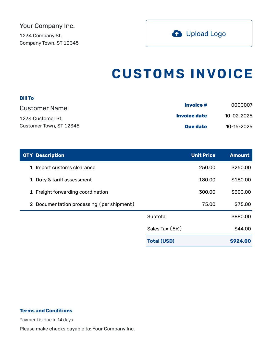 Sample Customs Invoice Template