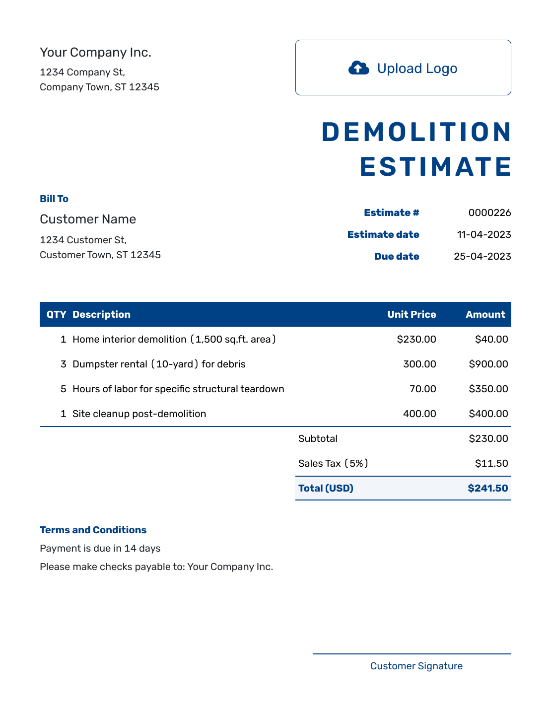 Sample Demolition Estimate Template