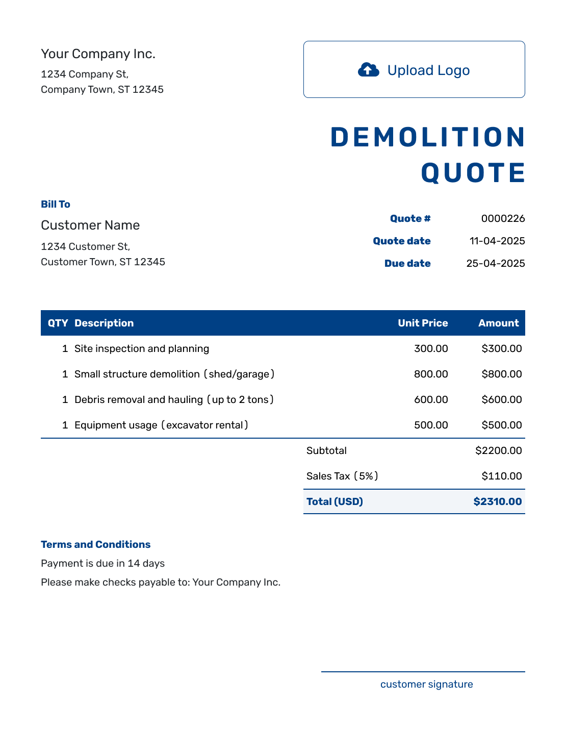 Sample Demolition Quote Template