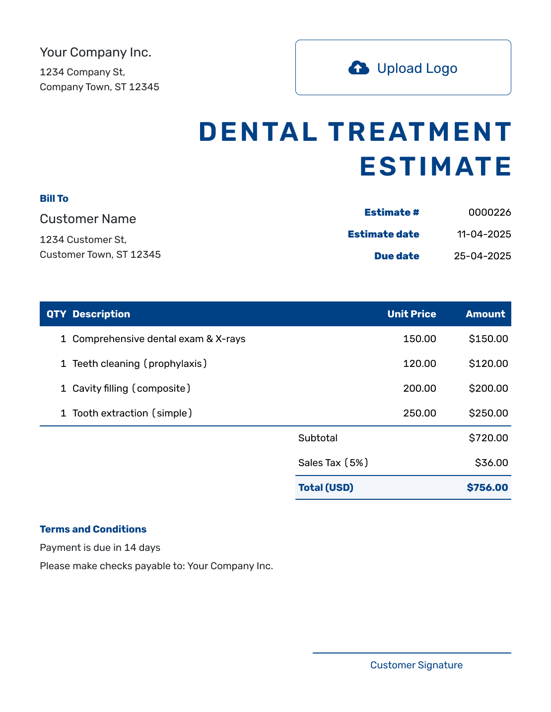 Sample Dental Treatment Estimate Template