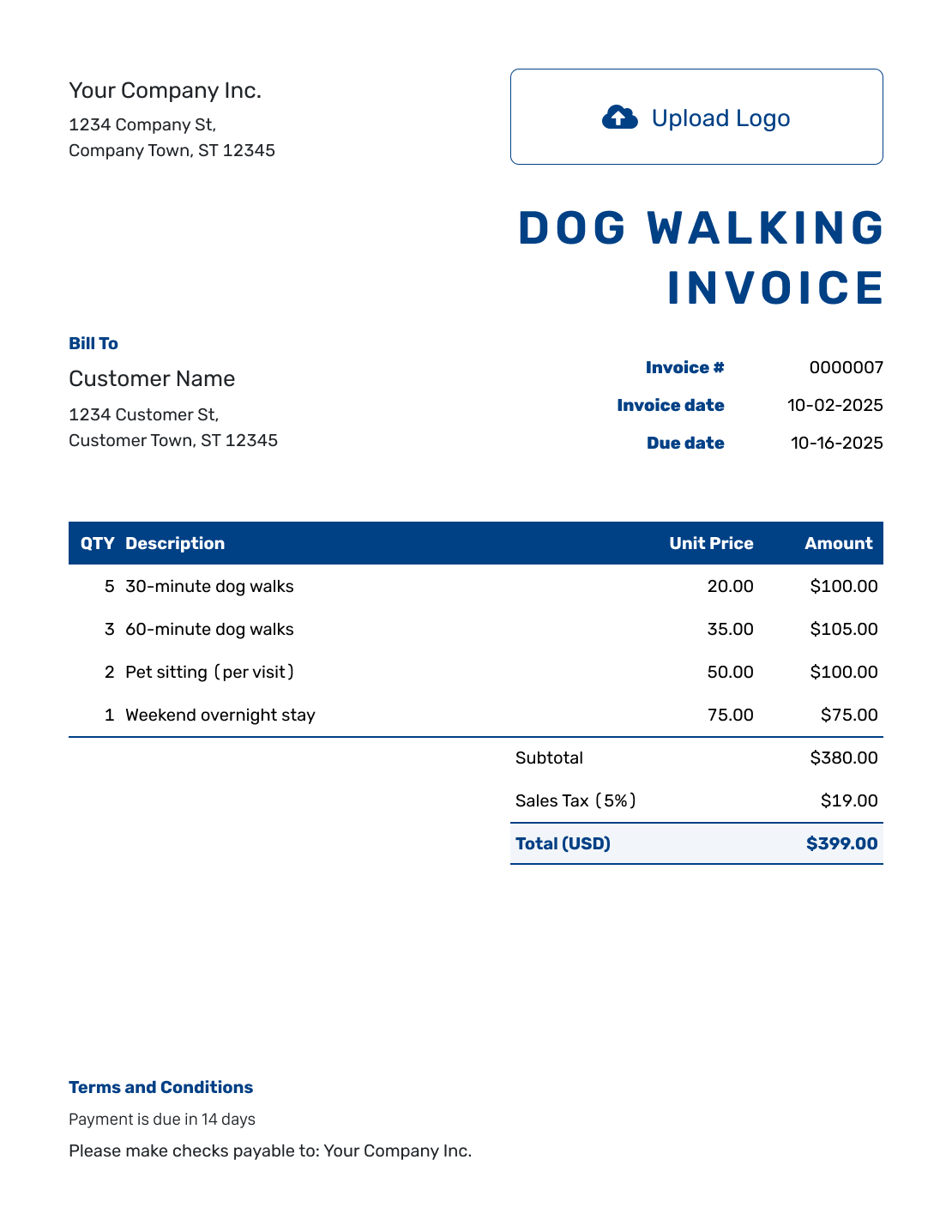 Sample Dog Walking Invoice Template