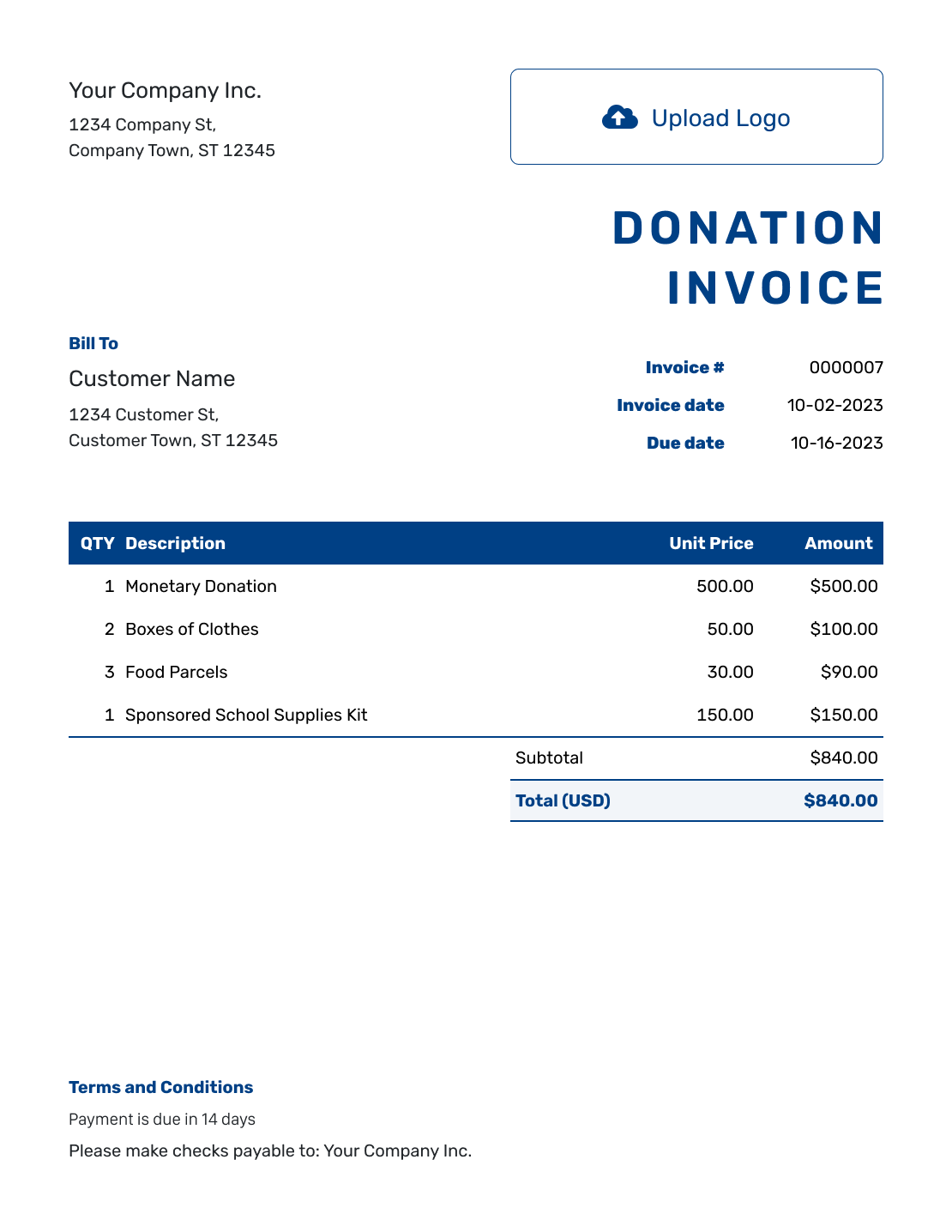 Sample Donation Invoice Template