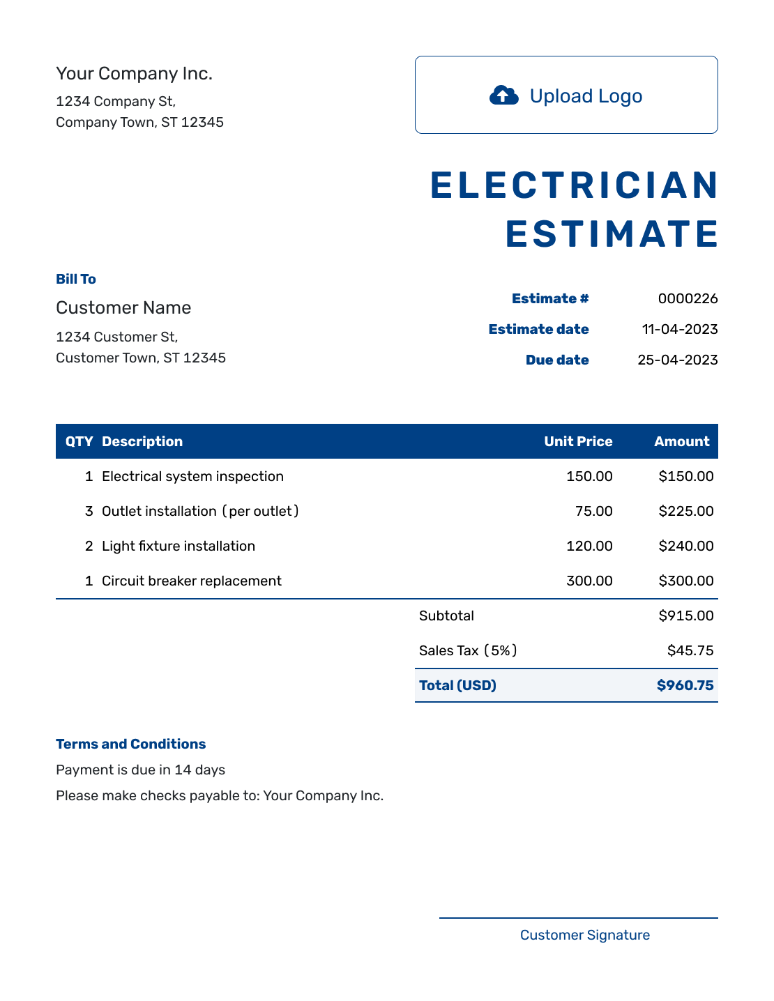 Sample Electrician Estimate Template