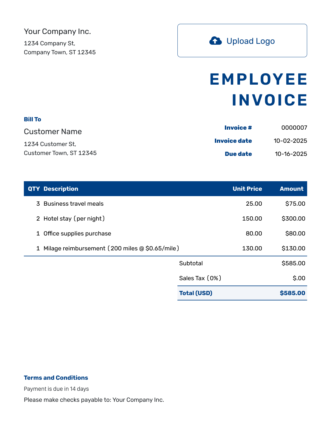 Sample Employee Invoice Template