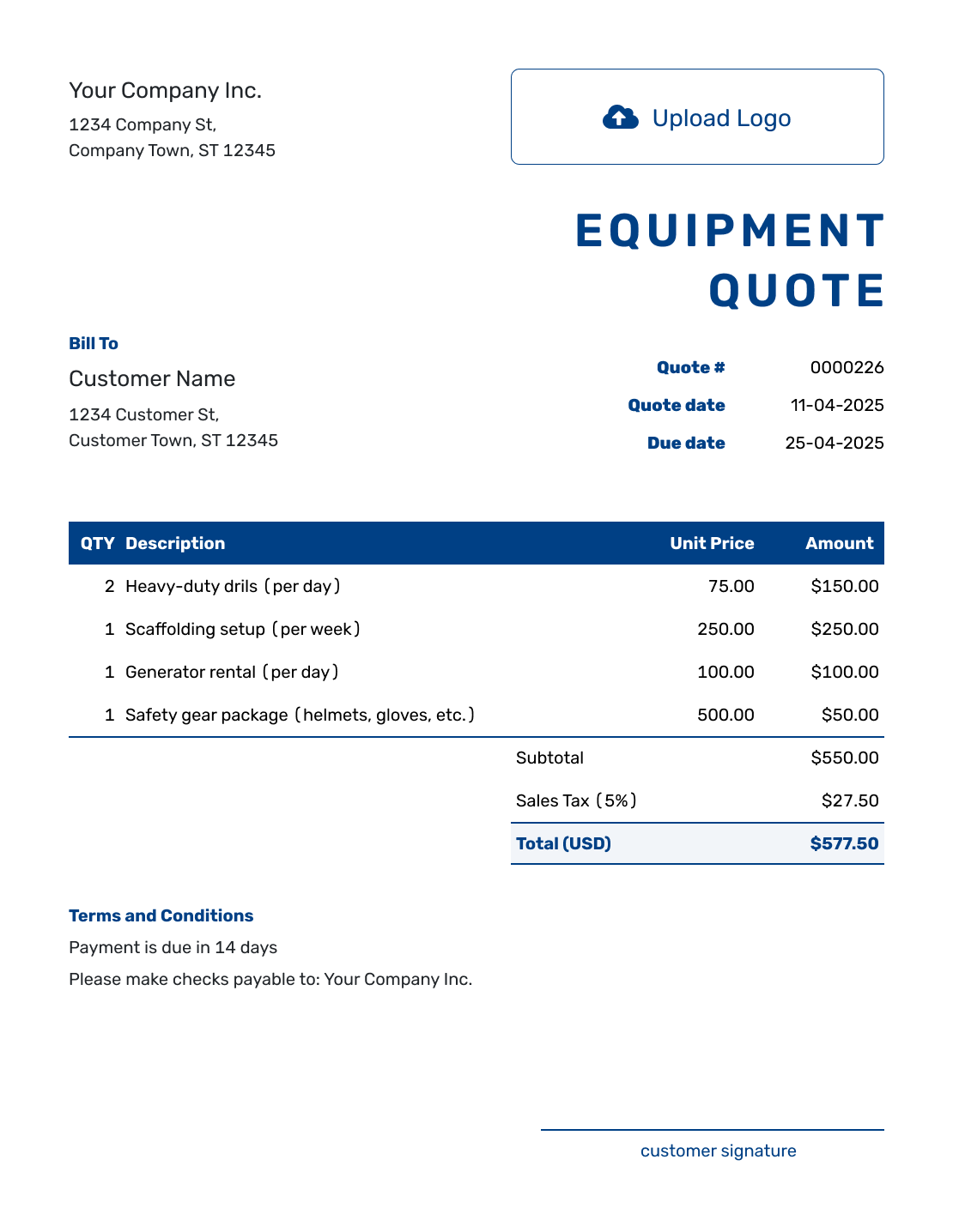 Sample Equipment Quote Template