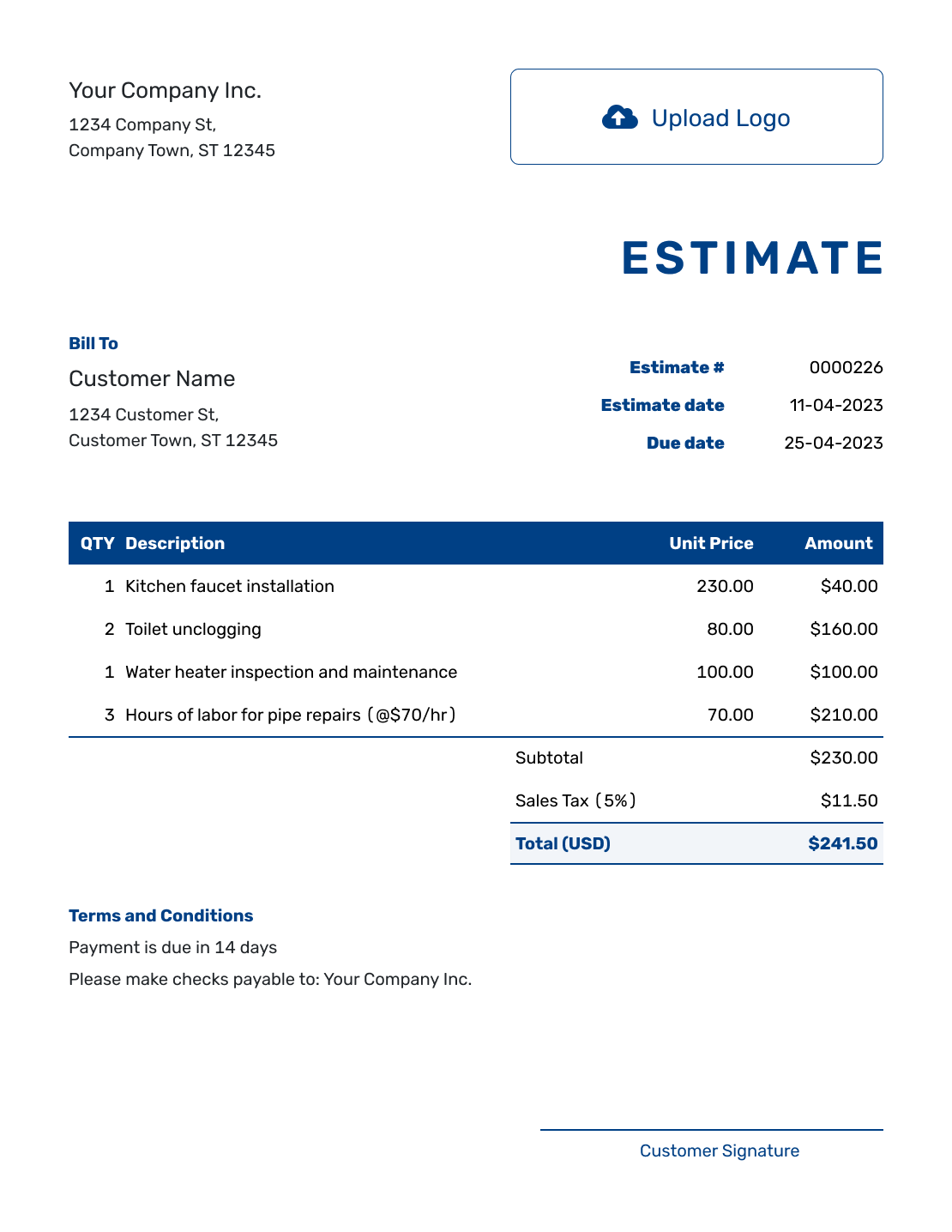 Sample Estimate Form Template