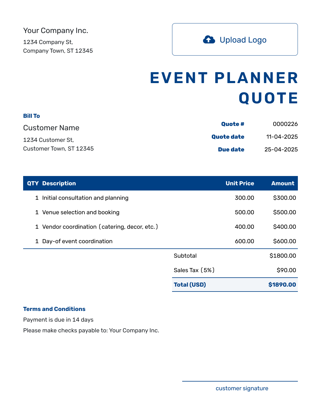 Sample Event Planner Quote Template