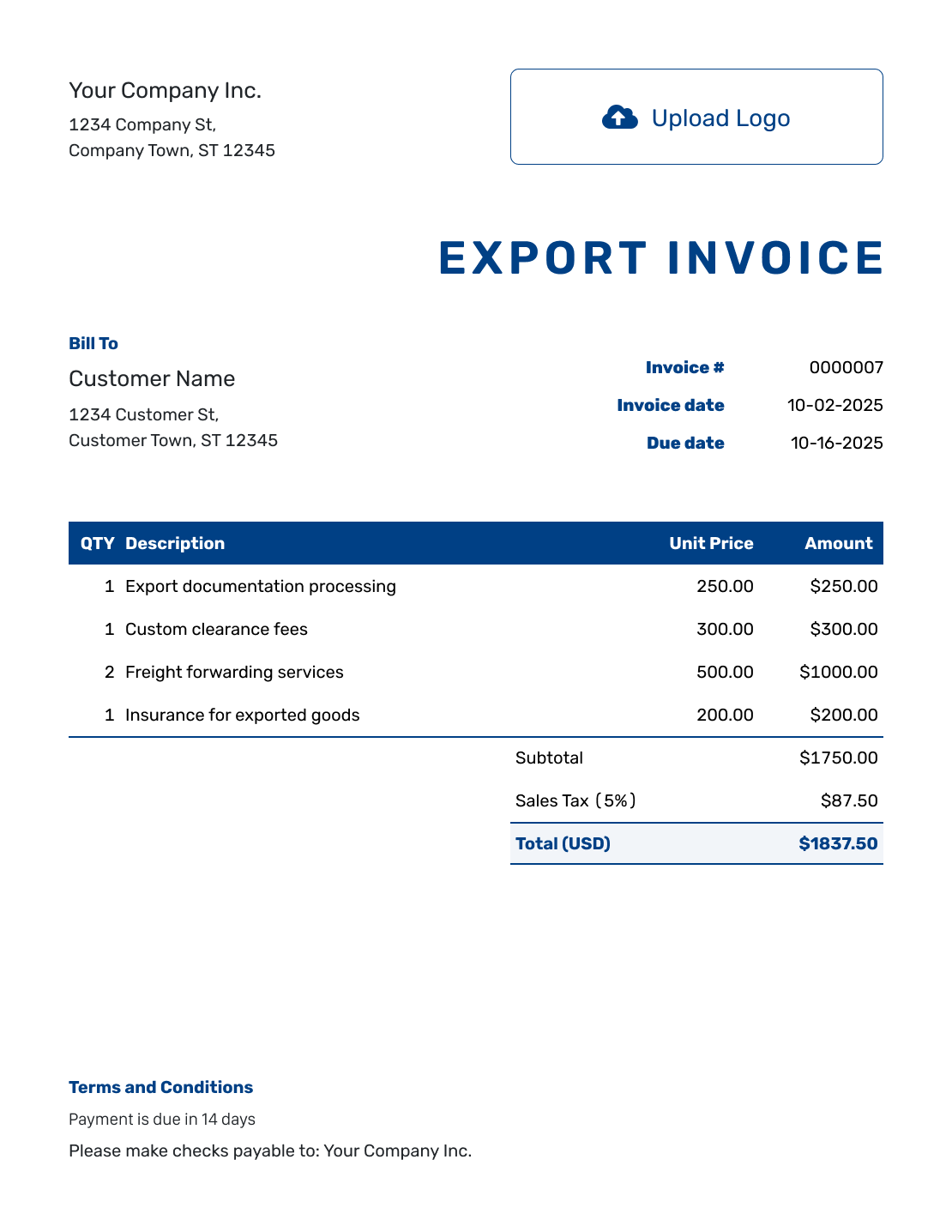 Sample Export Invoice Template