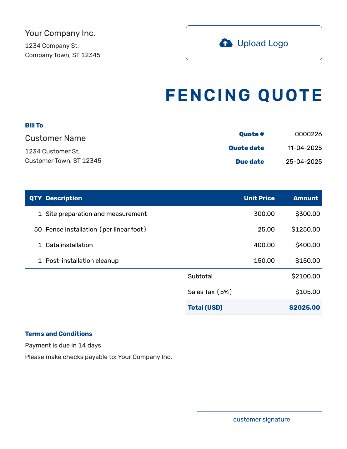 Sample Fencing Quote Template