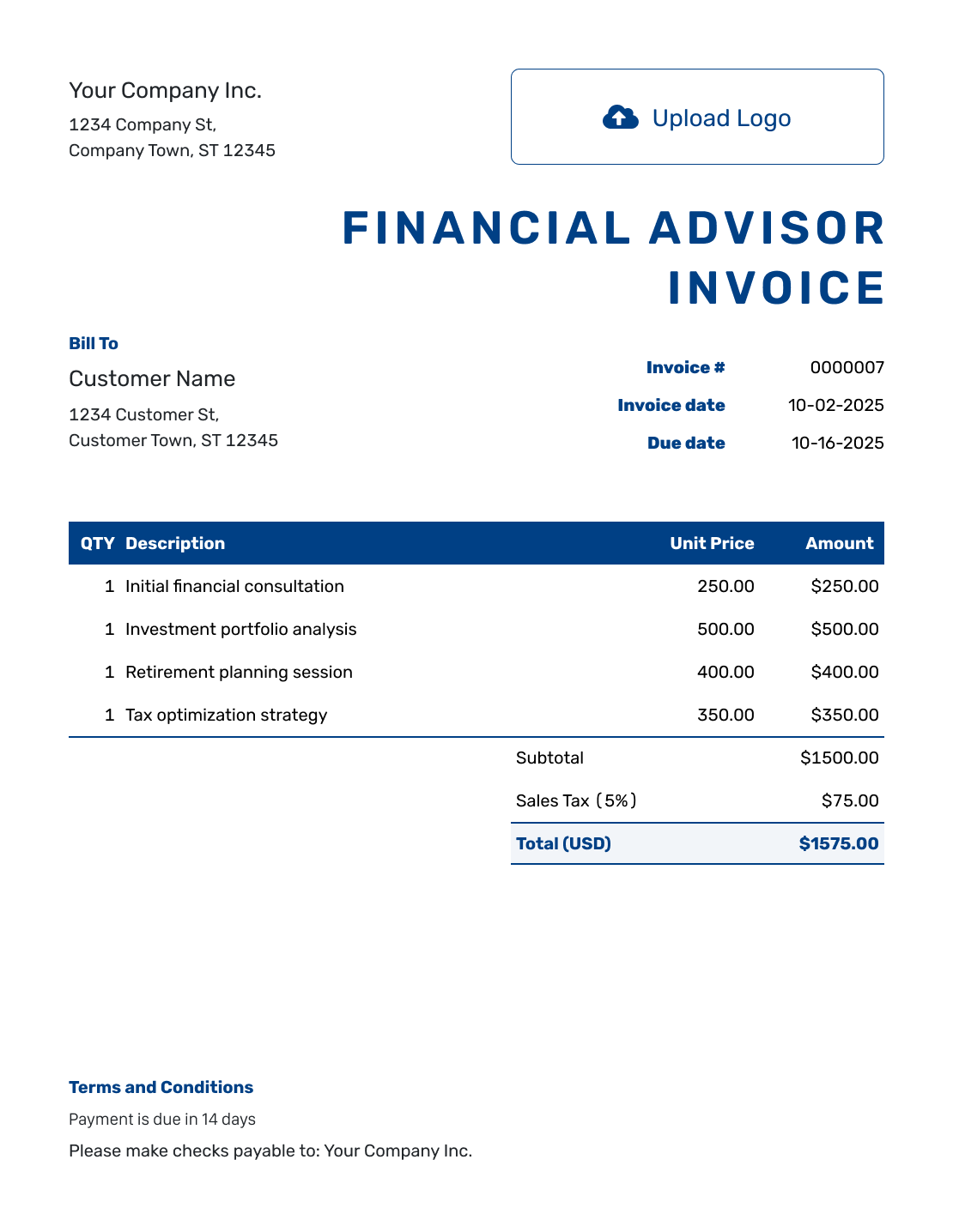 Sample Financial Advisor Invoice Template