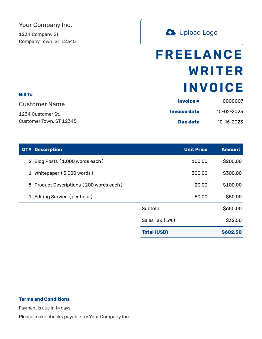 Sample Freelance Writer Invoice Template