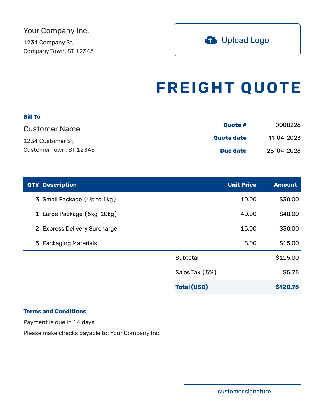 Sample Freight Quote Template