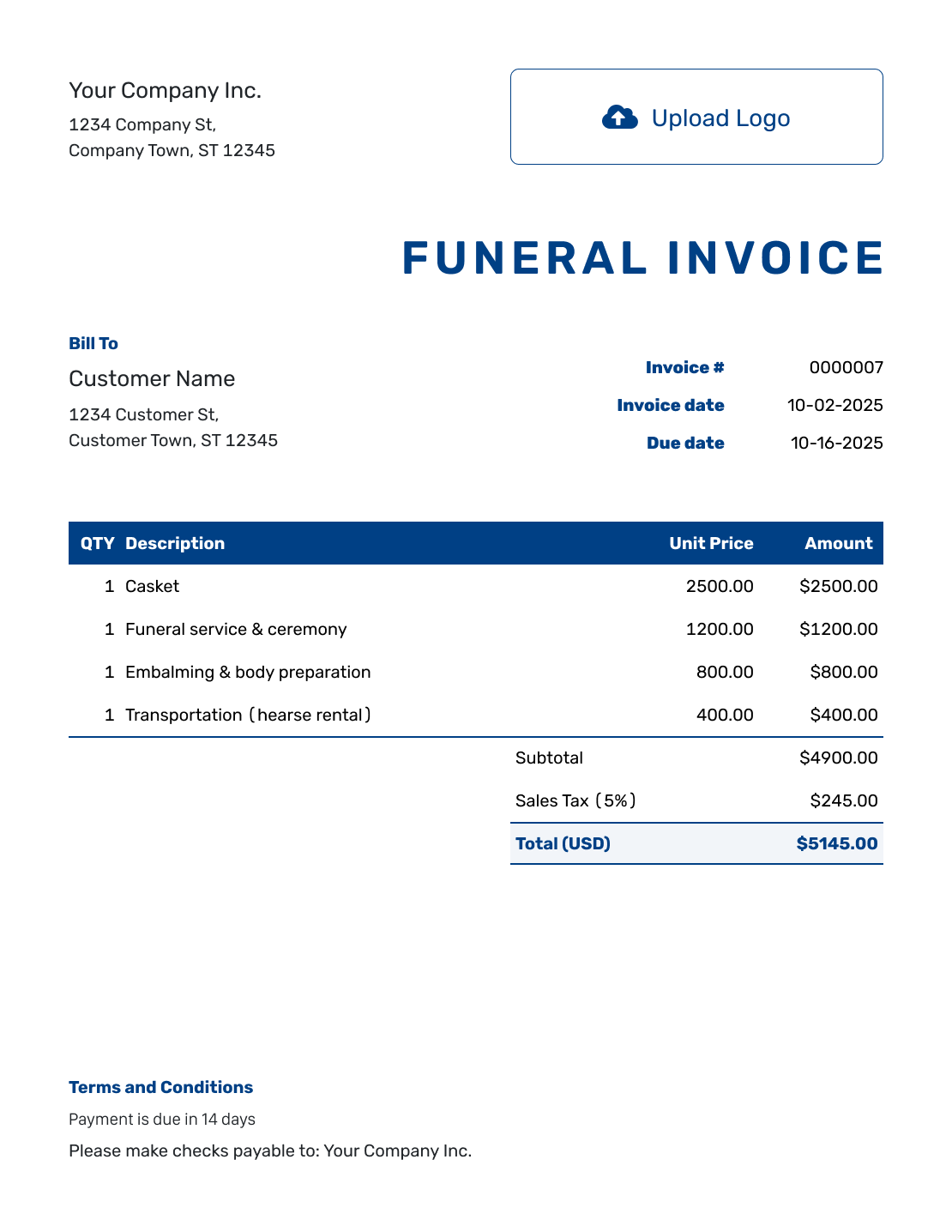 Sample Funeral Invoice Template