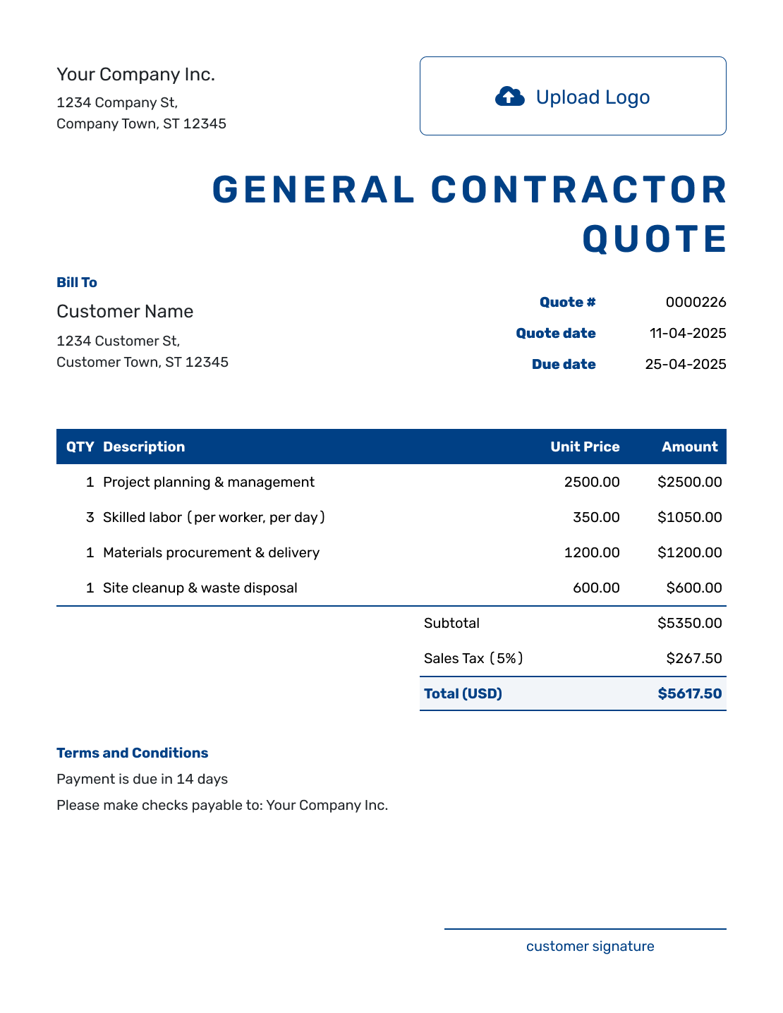 Sample General Contractor Quote Template