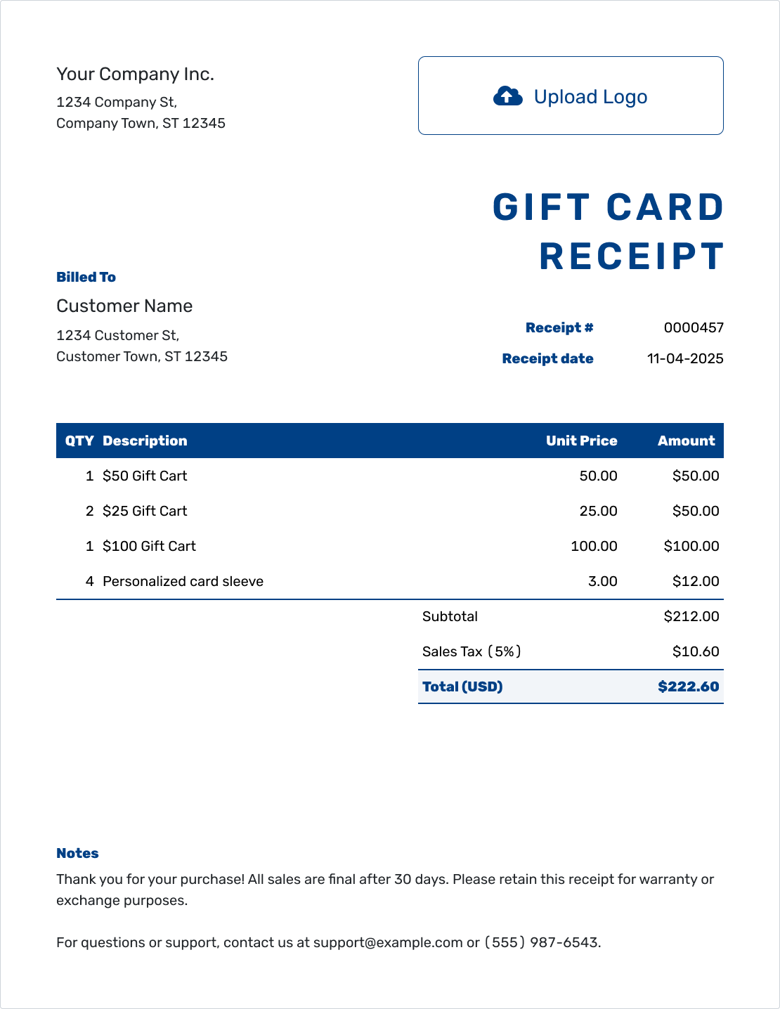 Sample Gift Card Receipt Template