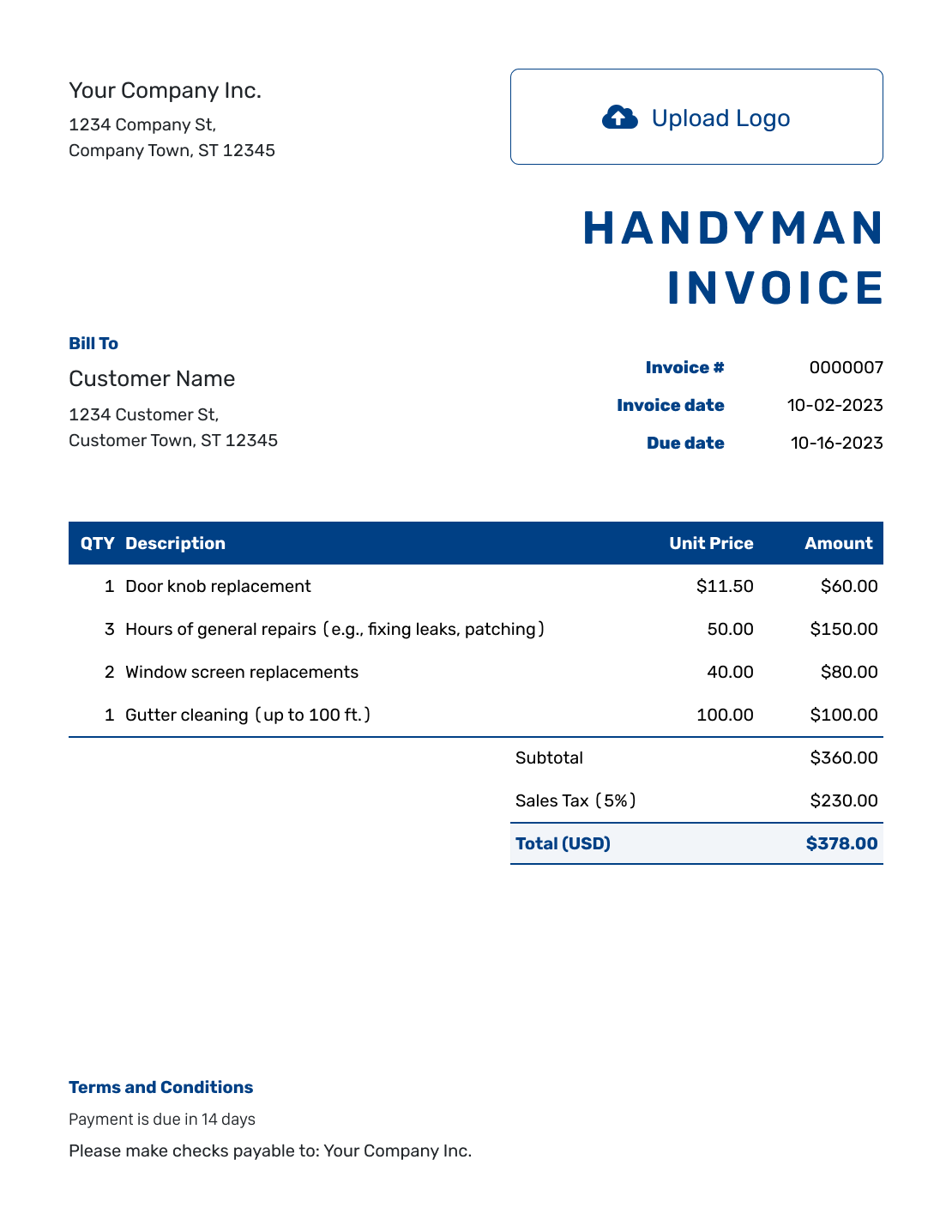 Free Handyman Invoice Template | docelf.com