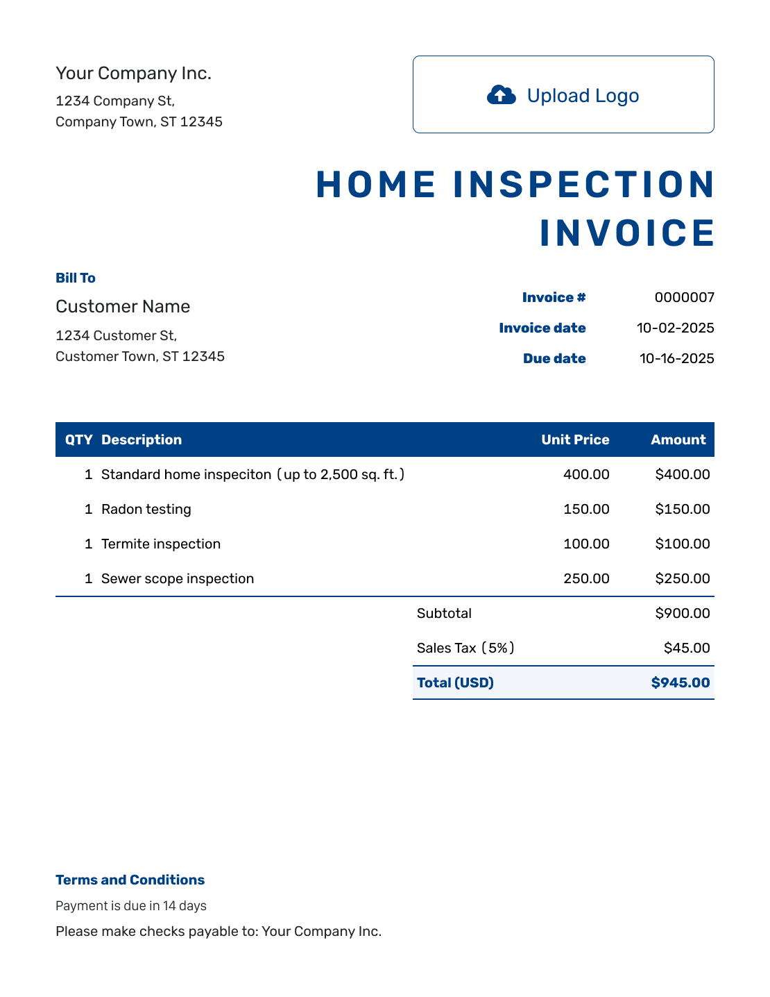 Sample Home Inspection Invoice Template