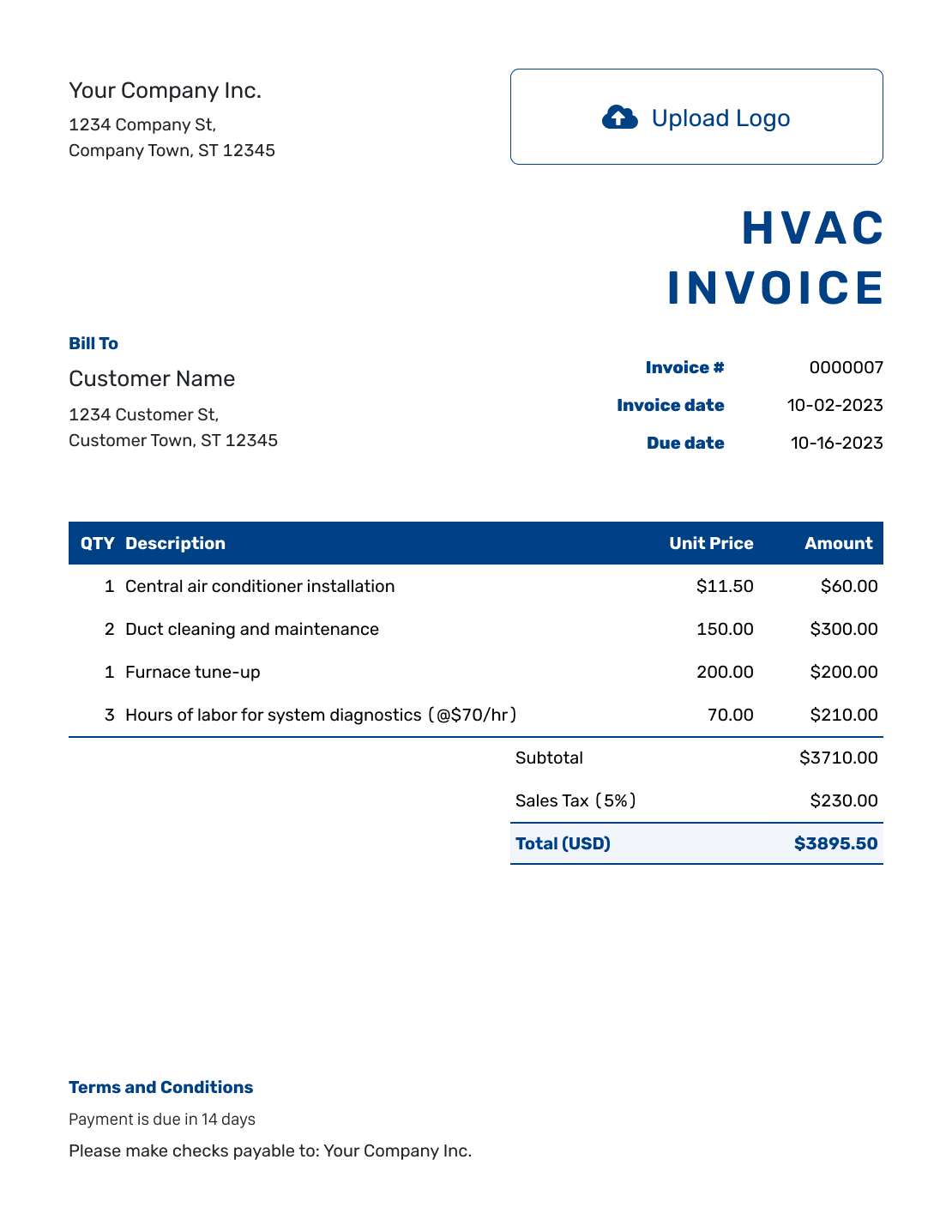 Sample HVAC Invoice Template