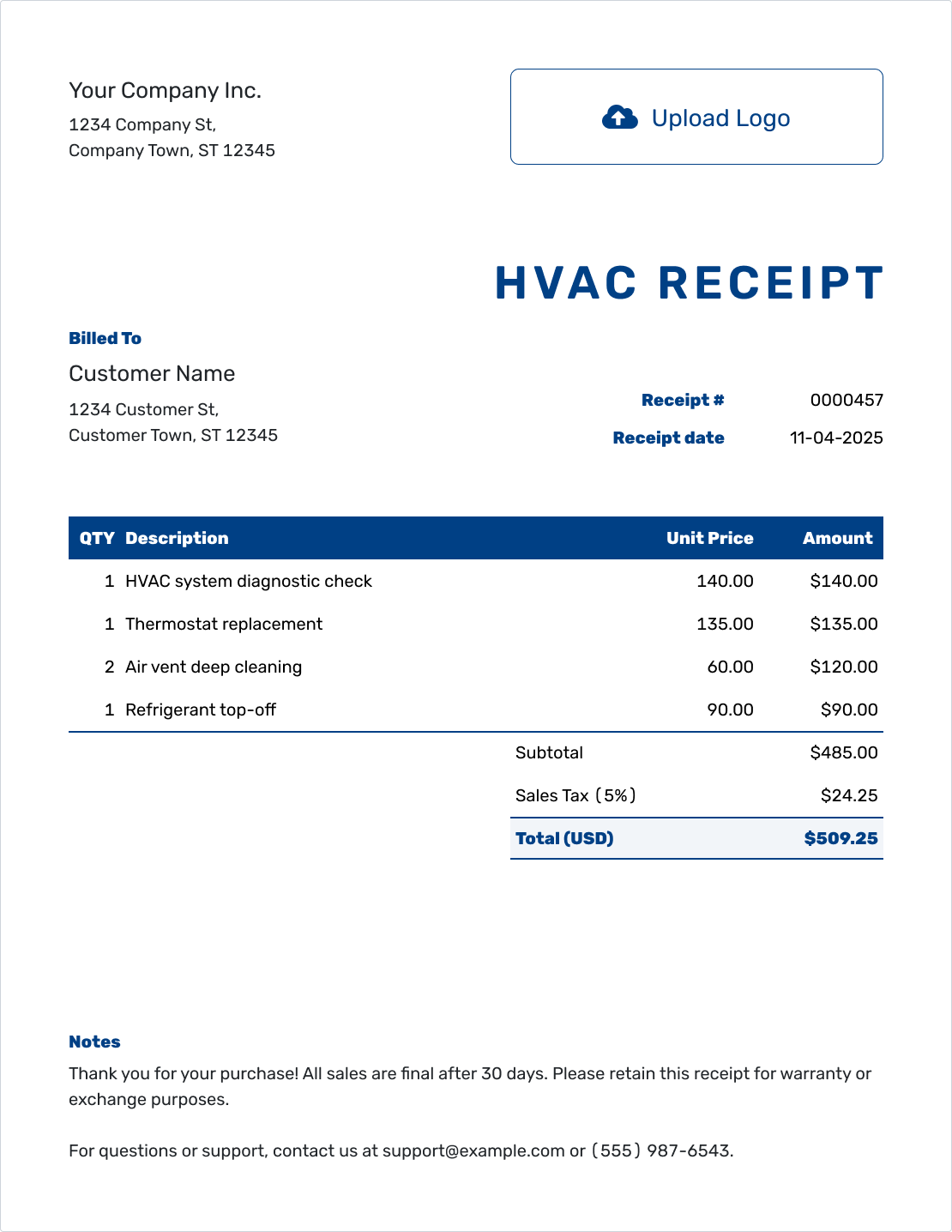 Sample HVAC Receipt Template