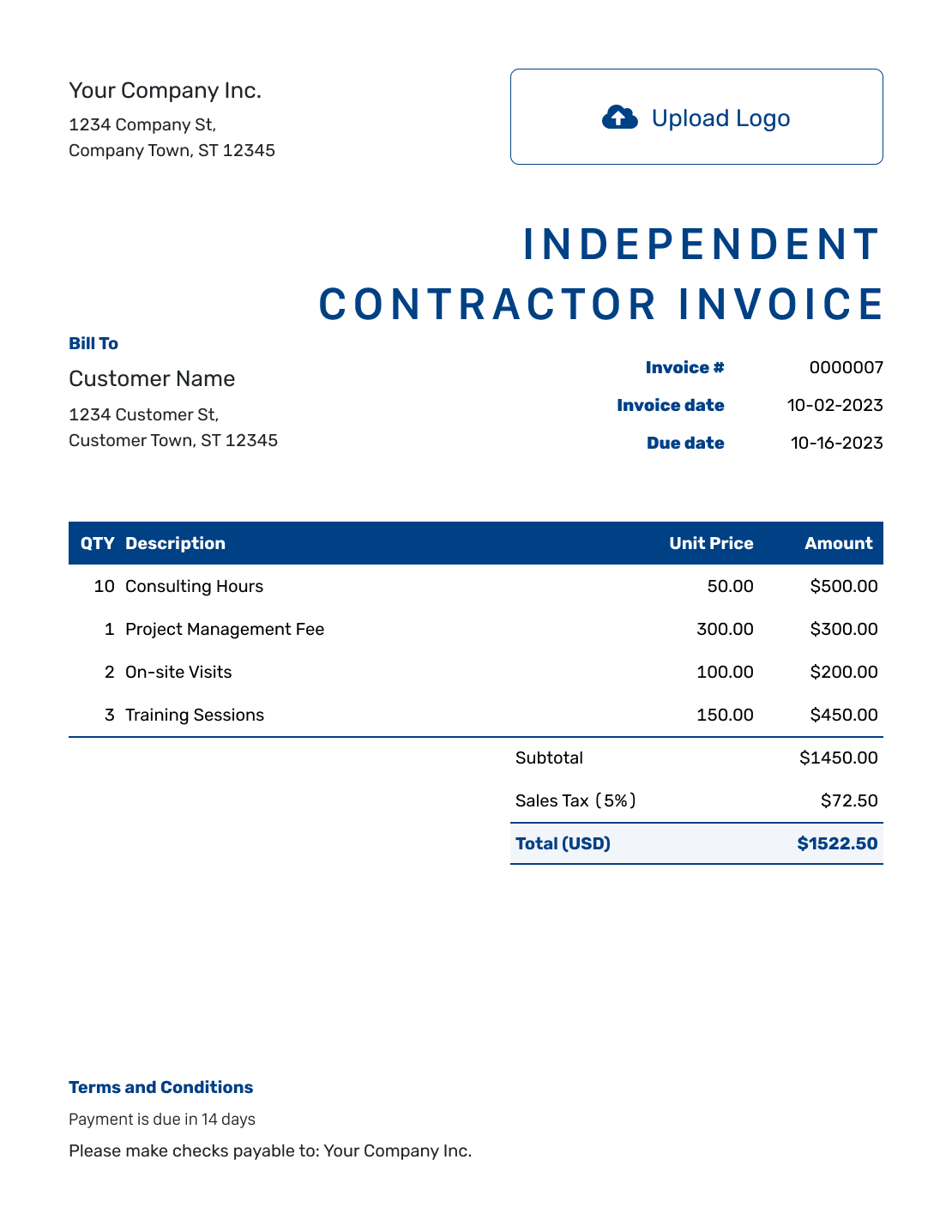 Sample Independent Contractor Invoice Template