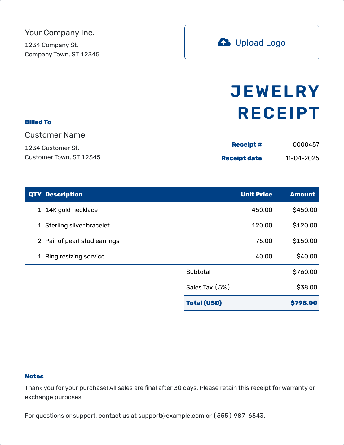 Sample Jewellery Receipt Template