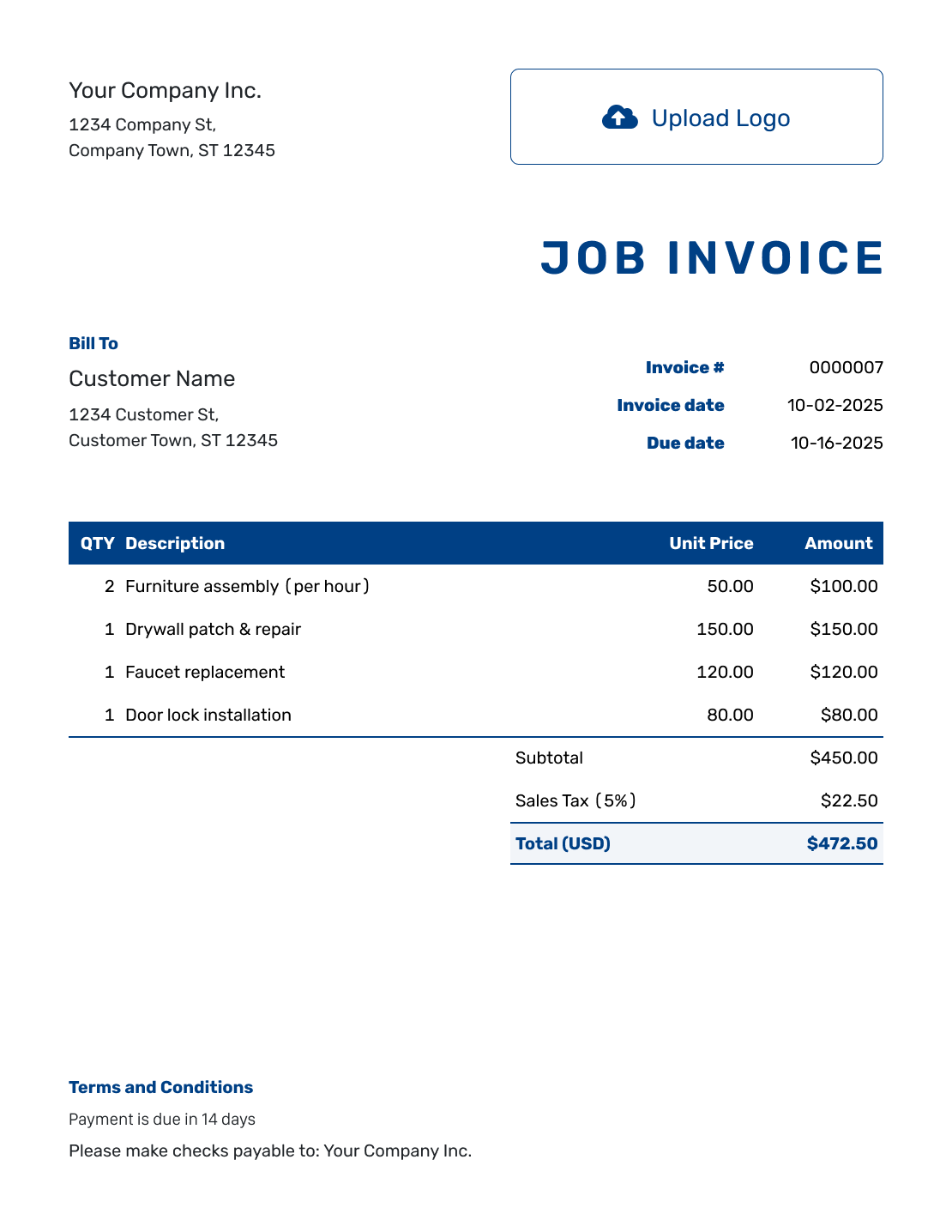 Sample Job Invoice Template