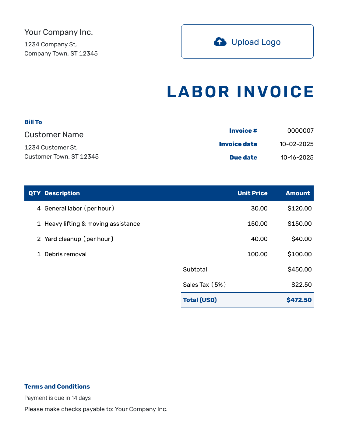 Sample Labor Invoice Template