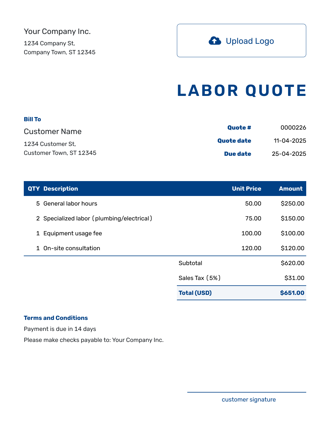 Sample Labor Quote Template