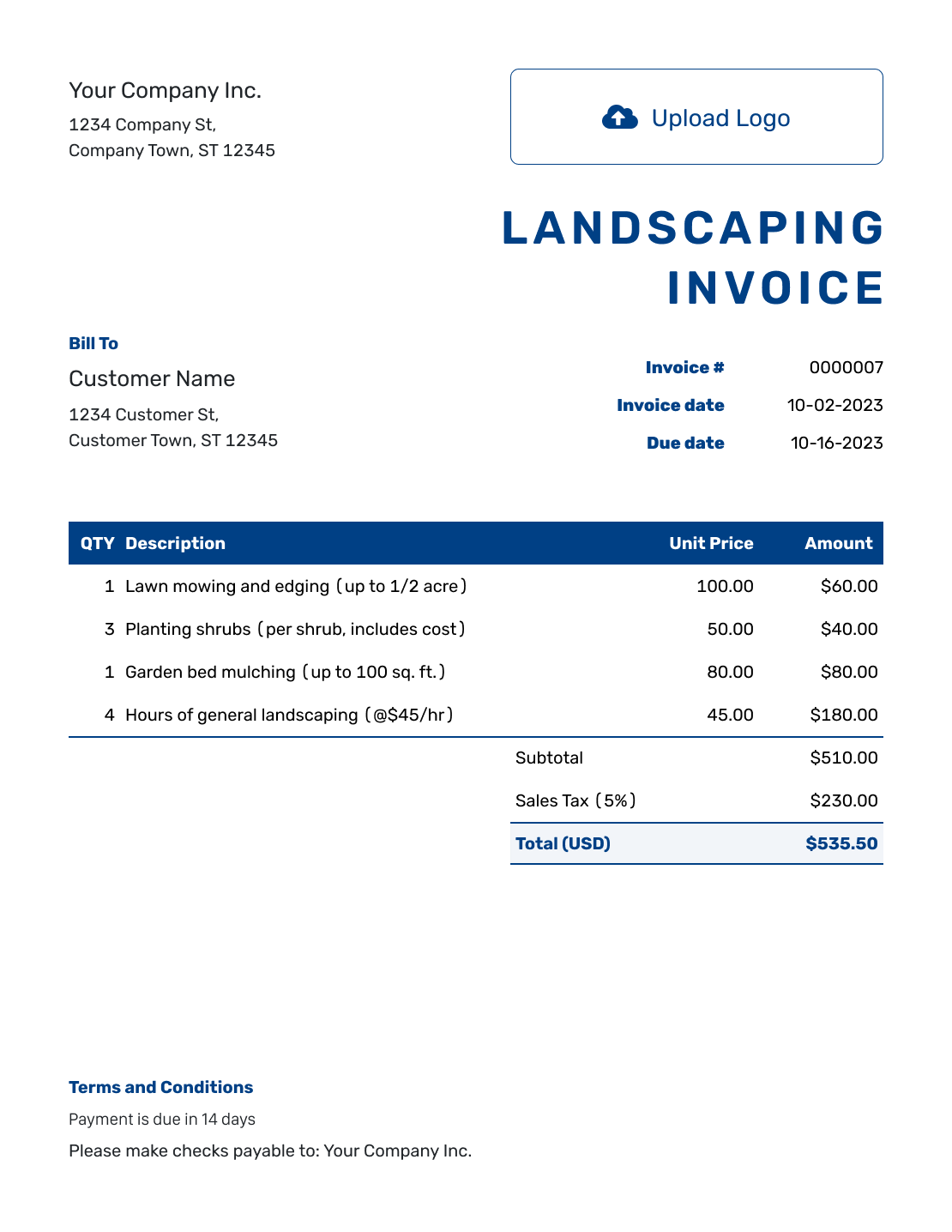 Sample Landscaping Invoice Template