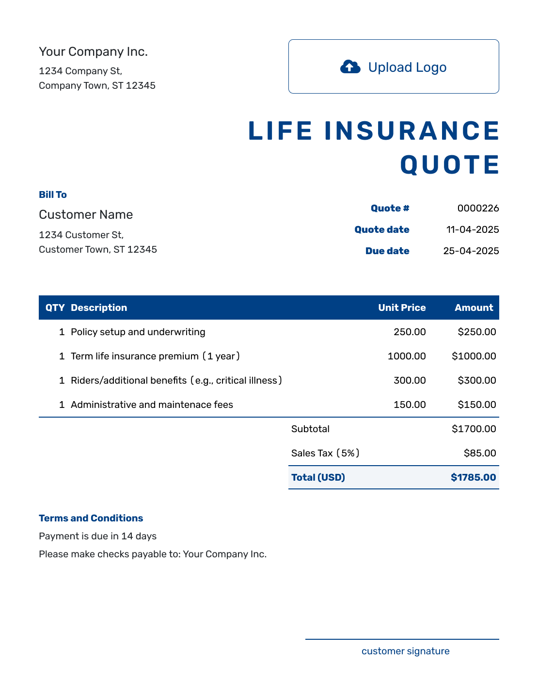 Sample Life Insurance Quote Template