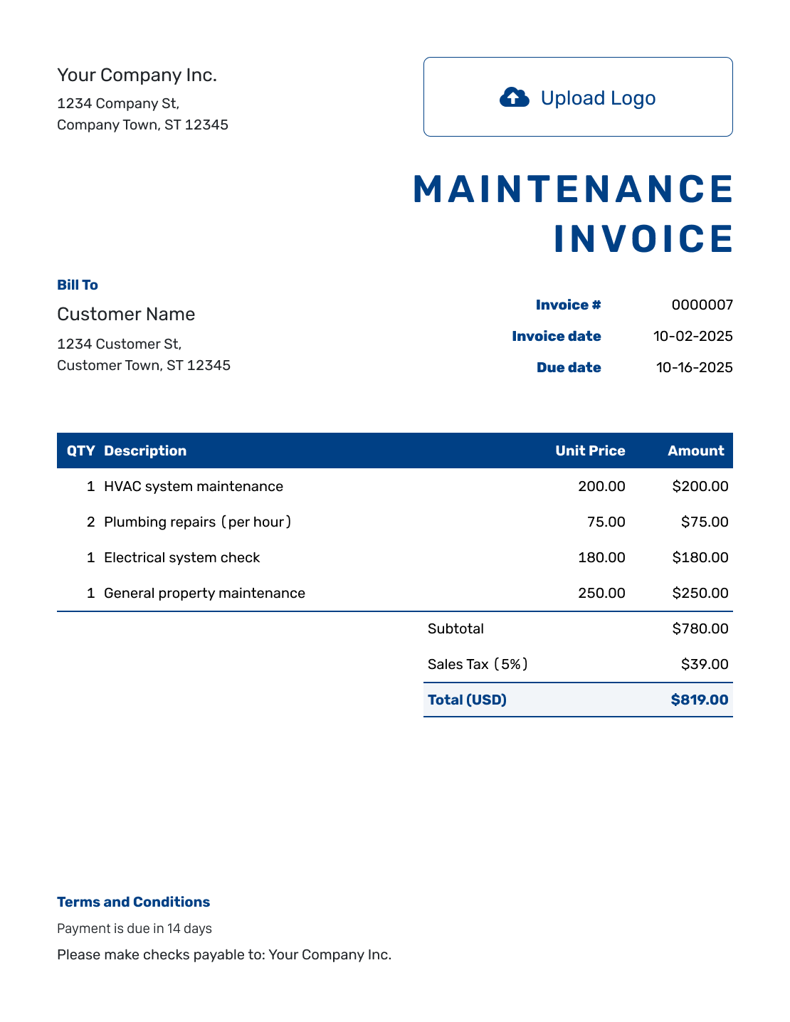 Sample Maintenance Invoice Template