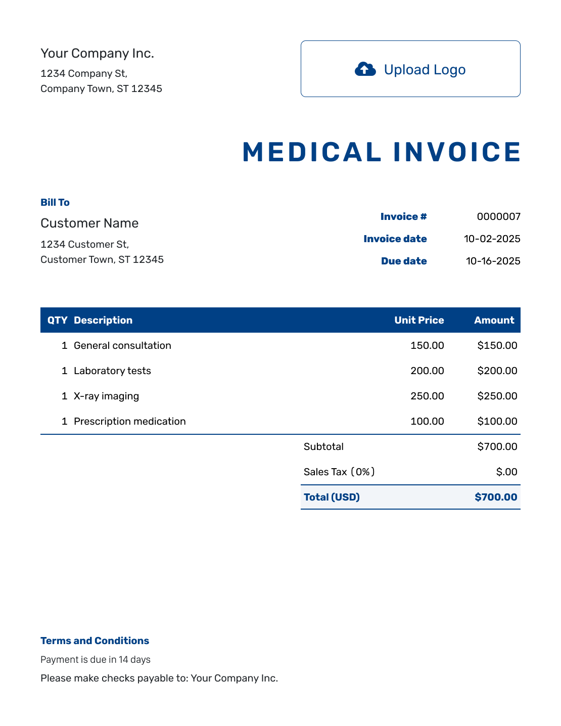 Sample Medical Invoice Template