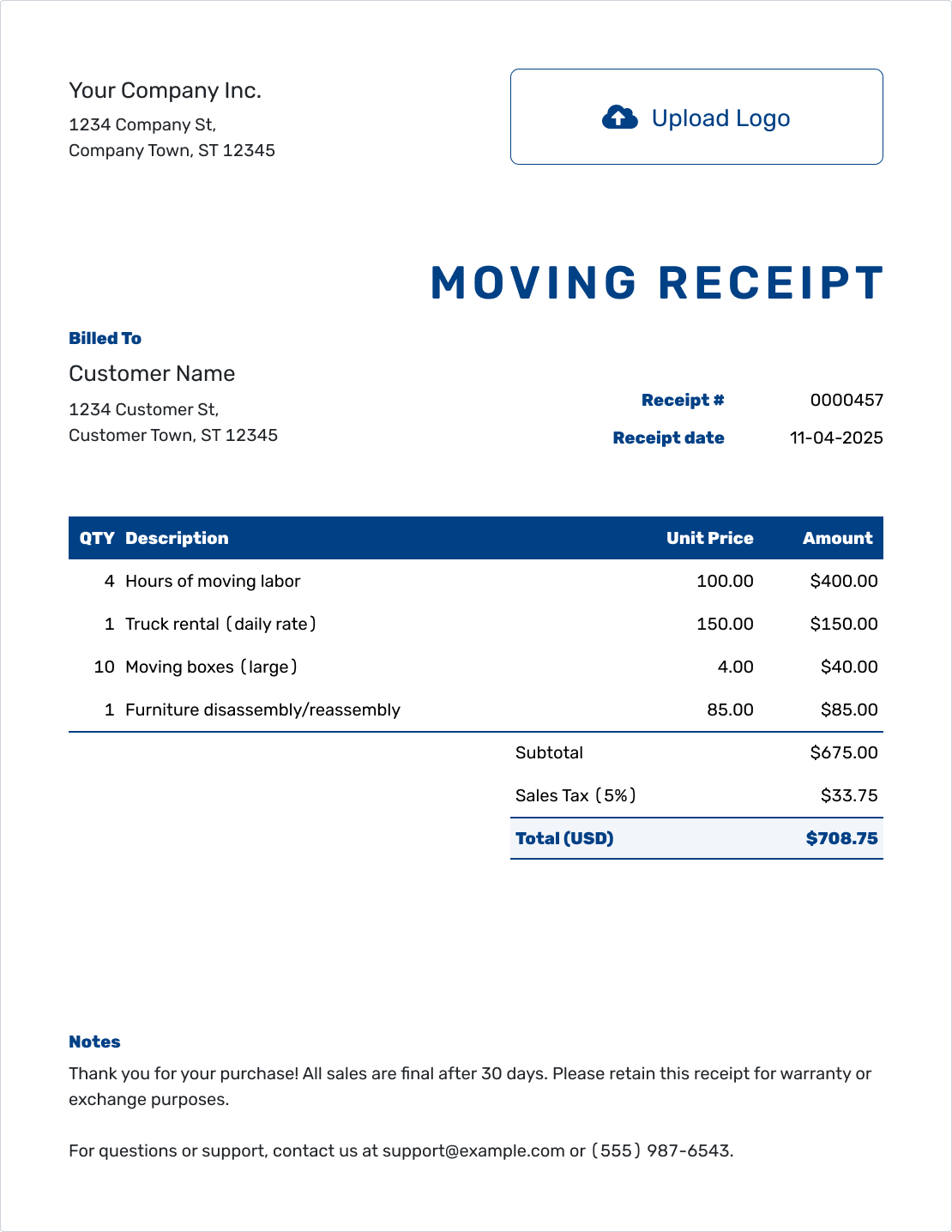 Sample Moving Receipt Template
