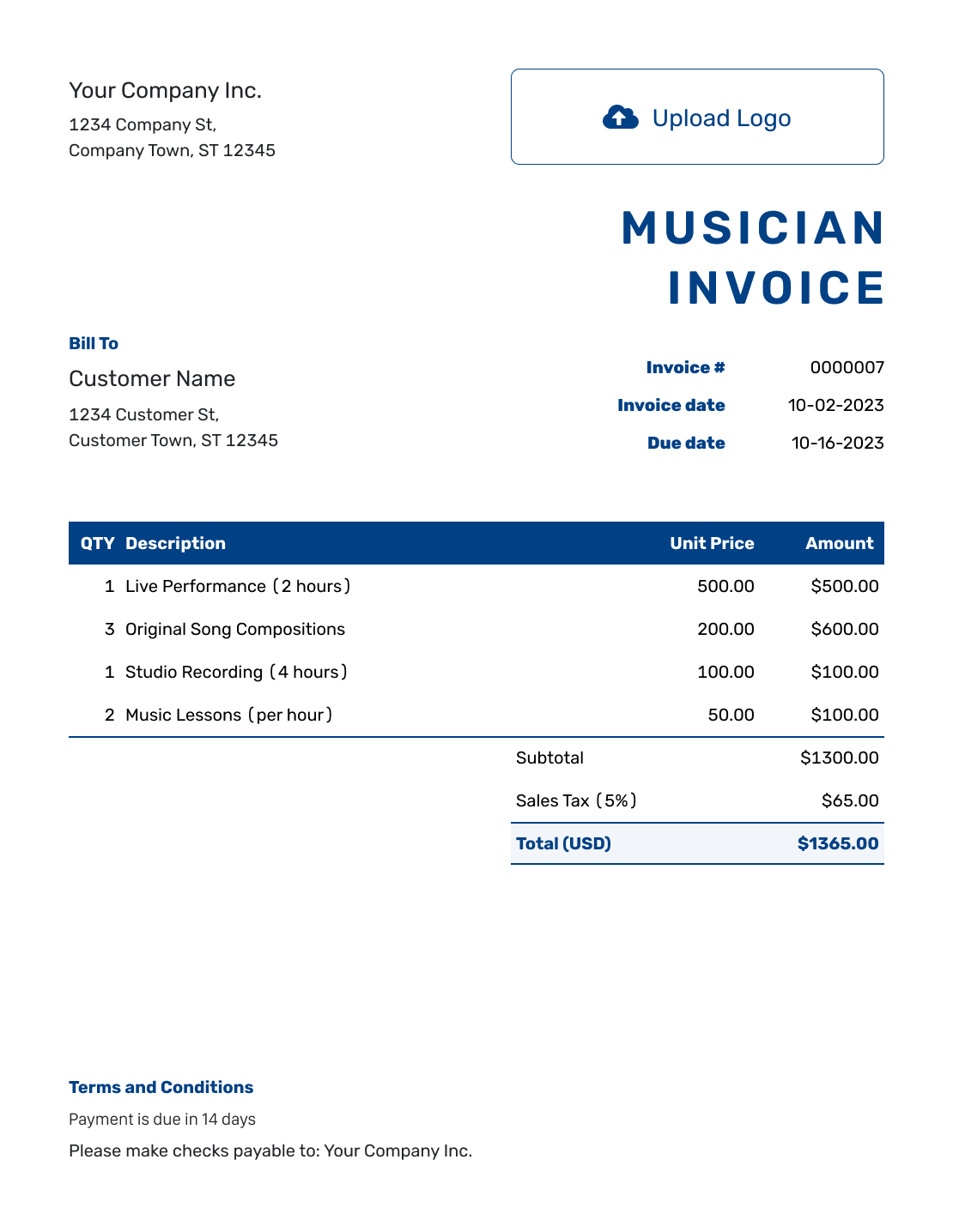 Sample Musician Invoice Template